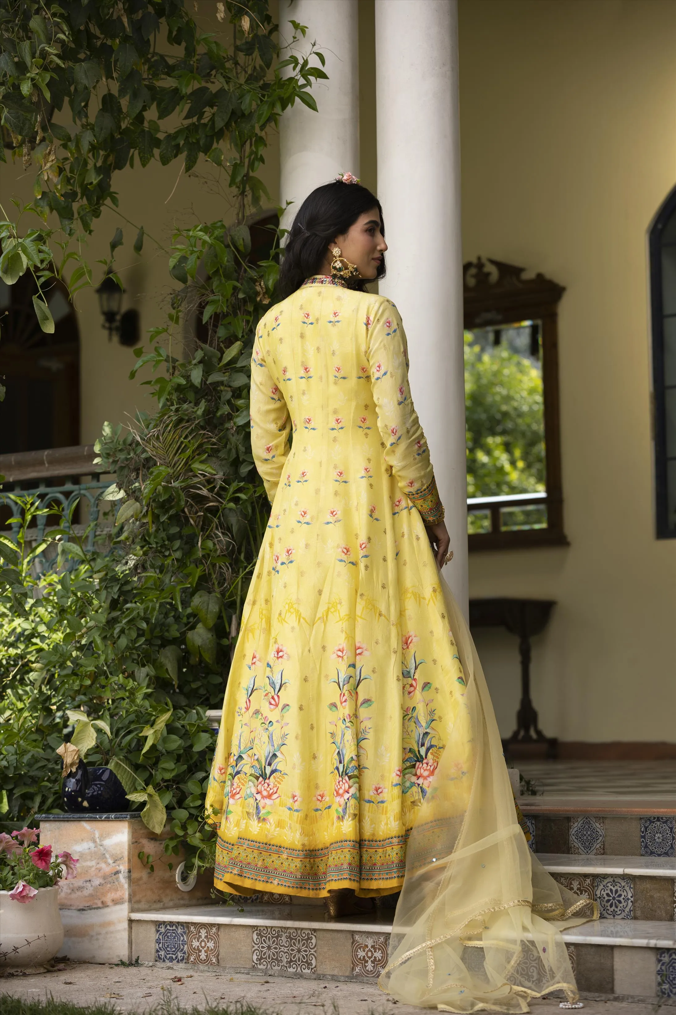 Lemon Dola Silk Floral Print Anarkali Gown With Net Embroidered Dupatta