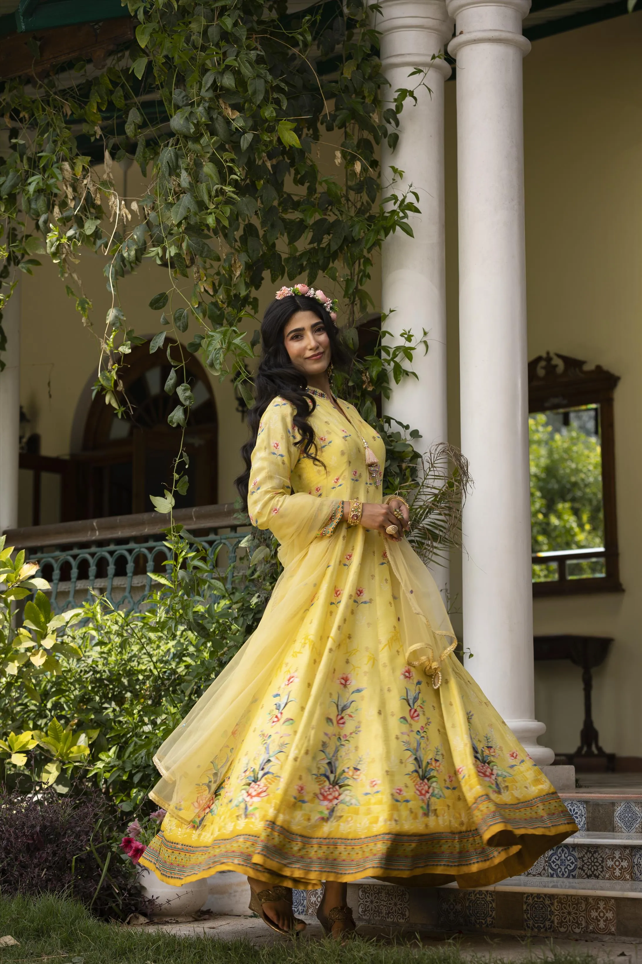 Lemon Dola Silk Floral Print Anarkali Gown With Net Embroidered Dupatta