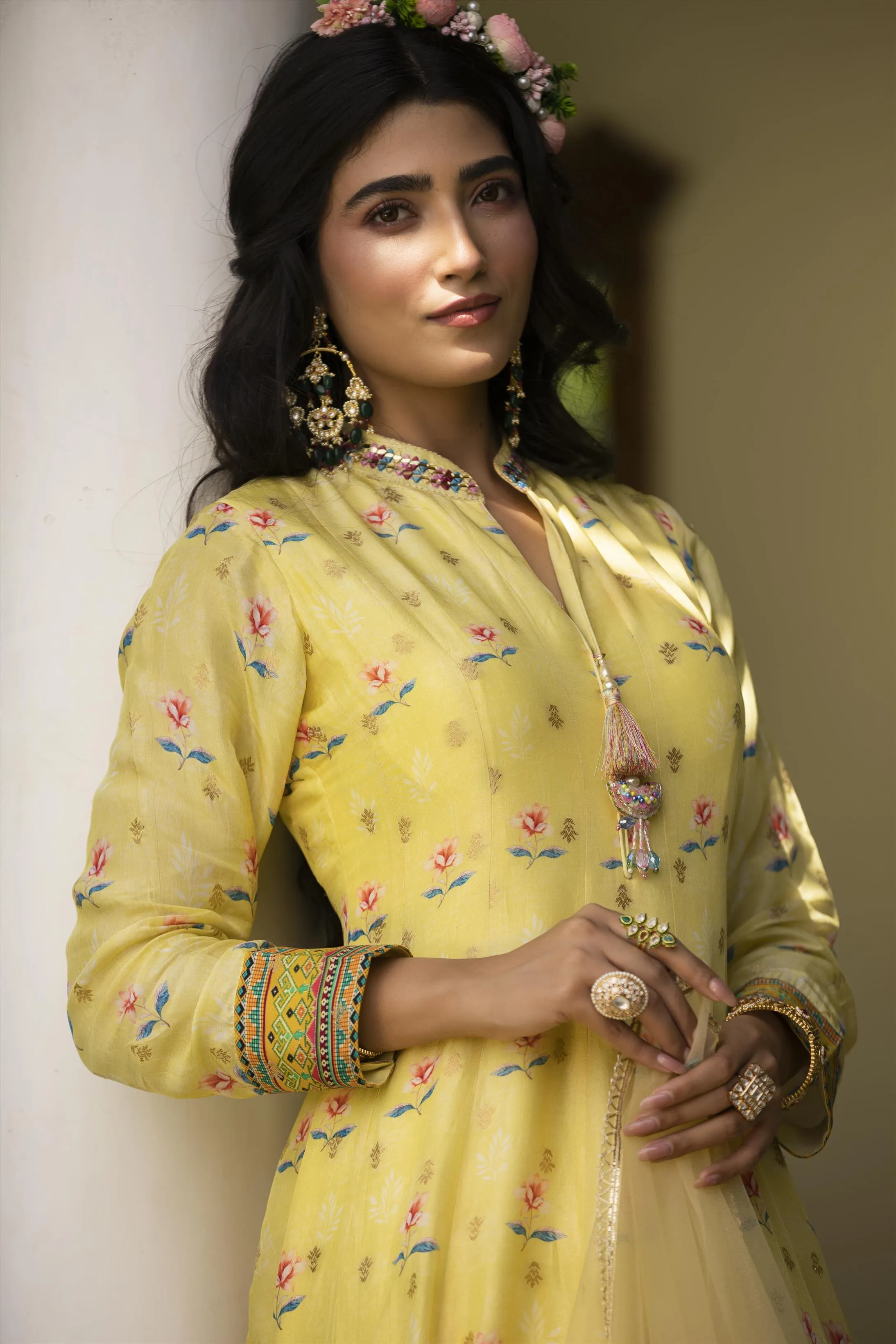 Lemon Dola Silk Floral Print Anarkali Gown With Net Embroidered Dupatta