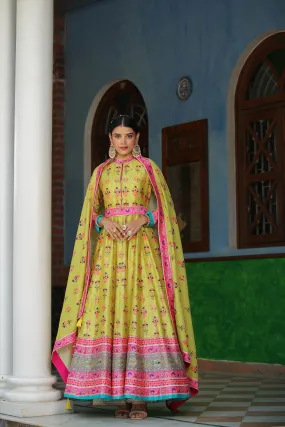 Lime Cotton Silk Floral Print Anarkali Gown With Belt And Cotton Silk Printed Dupatta