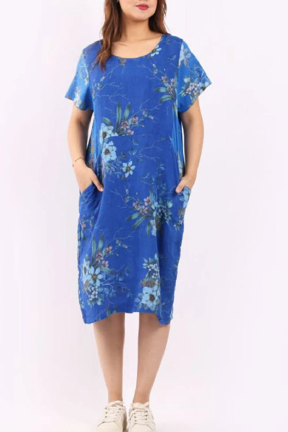 Linen Dress with Ribbed Sides - Royal