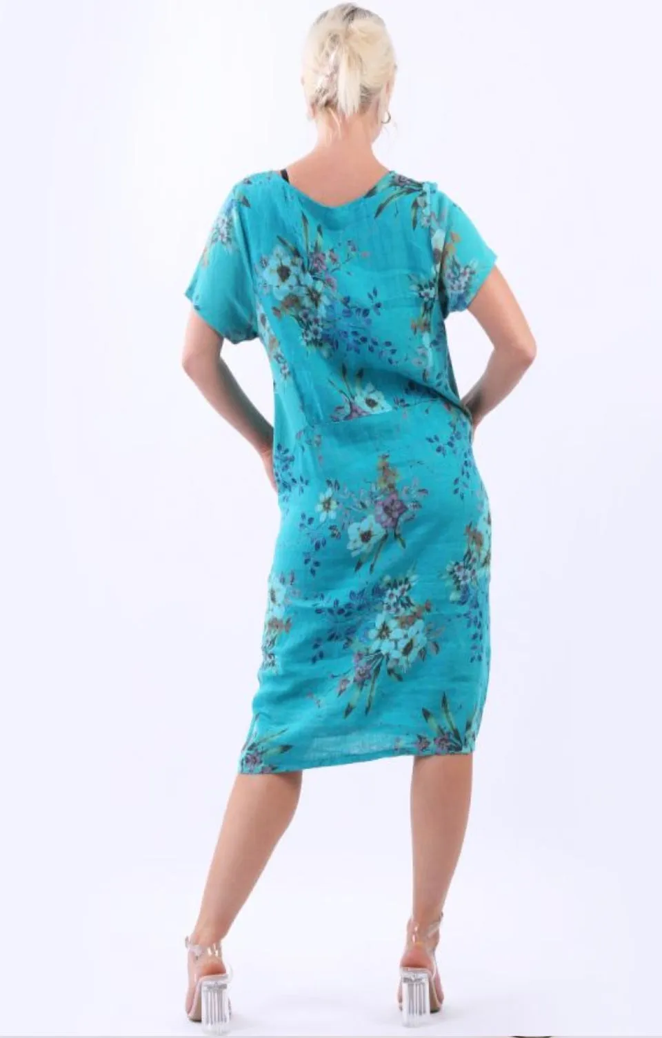 Linen Dress with Ribbed Sides - Teal