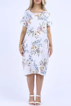 Linen Dress with Ribbed Sides - White