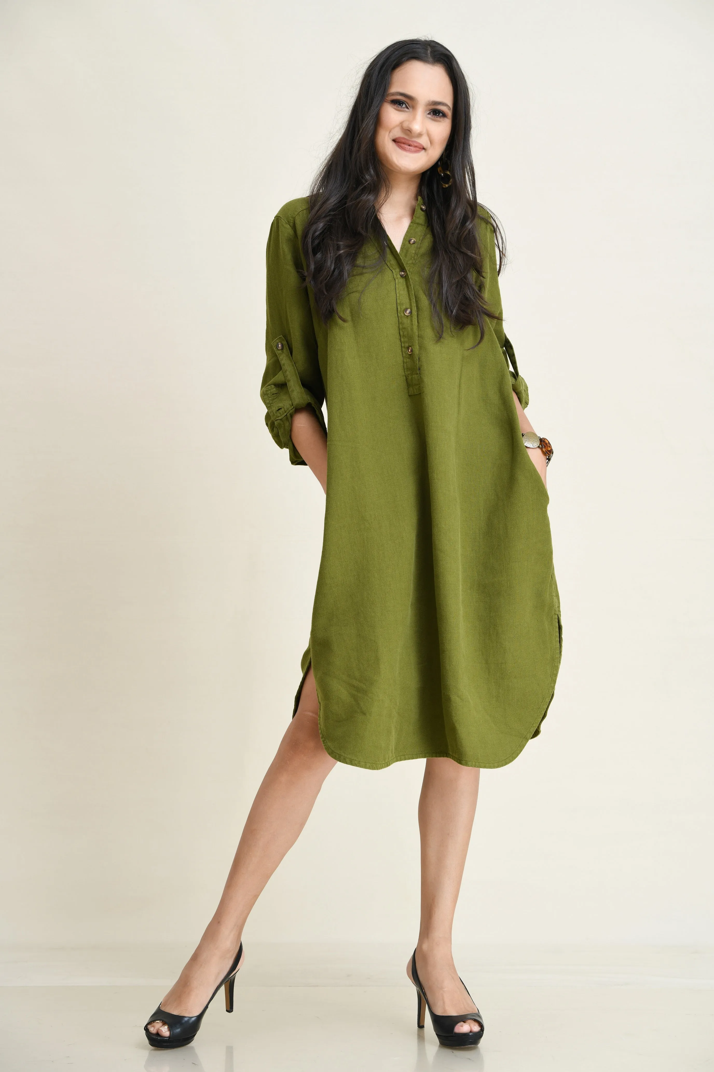 LINEN SHIRT DRESS-ASYMMETRIC HEMLINE