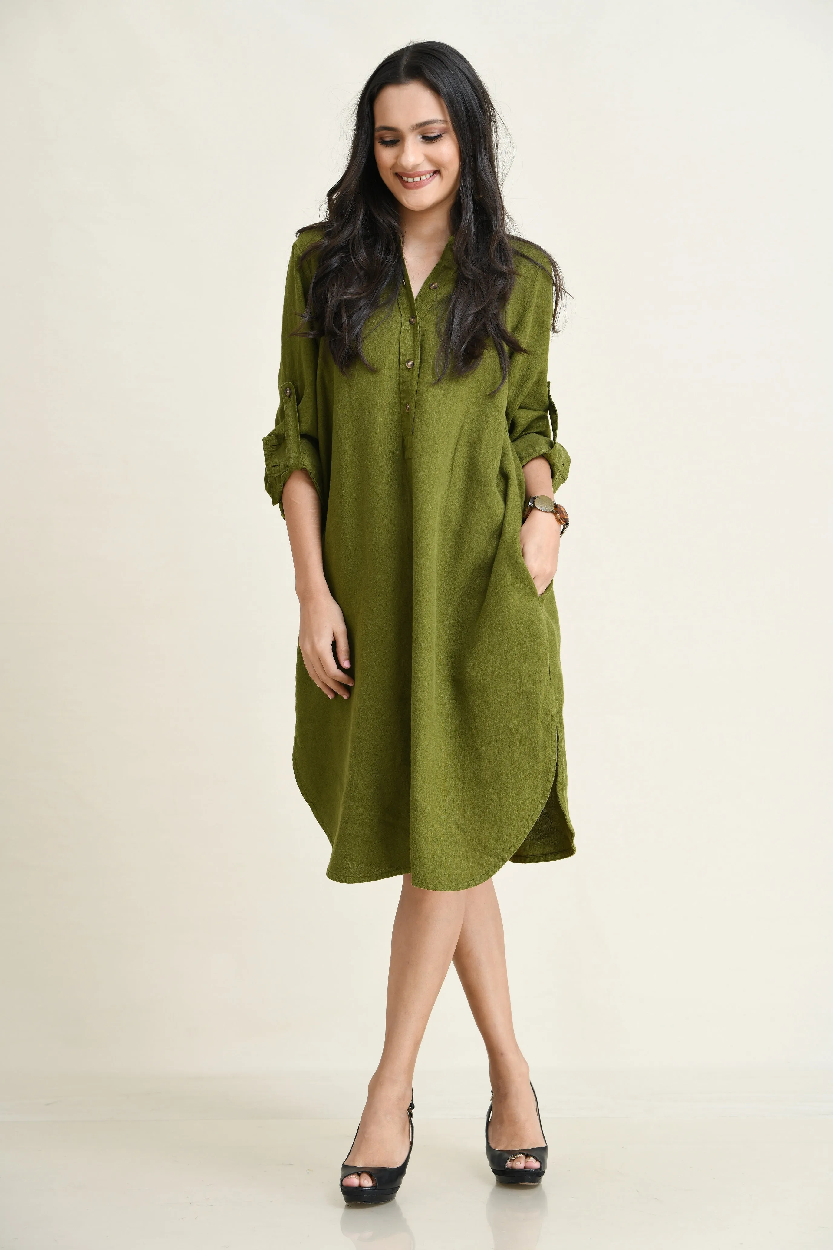 LINEN SHIRT DRESS-ASYMMETRIC HEMLINE