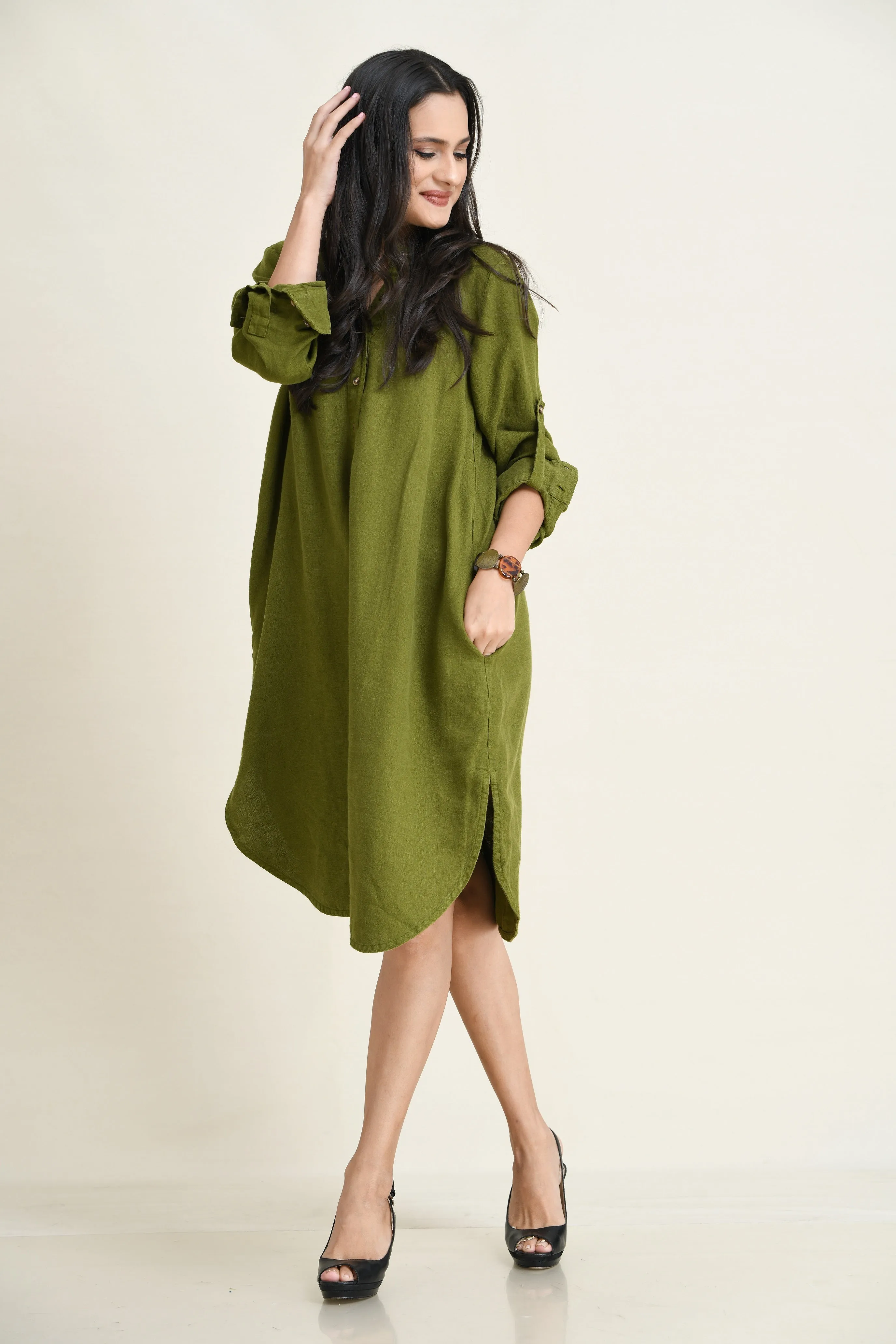 LINEN SHIRT DRESS-ASYMMETRIC HEMLINE