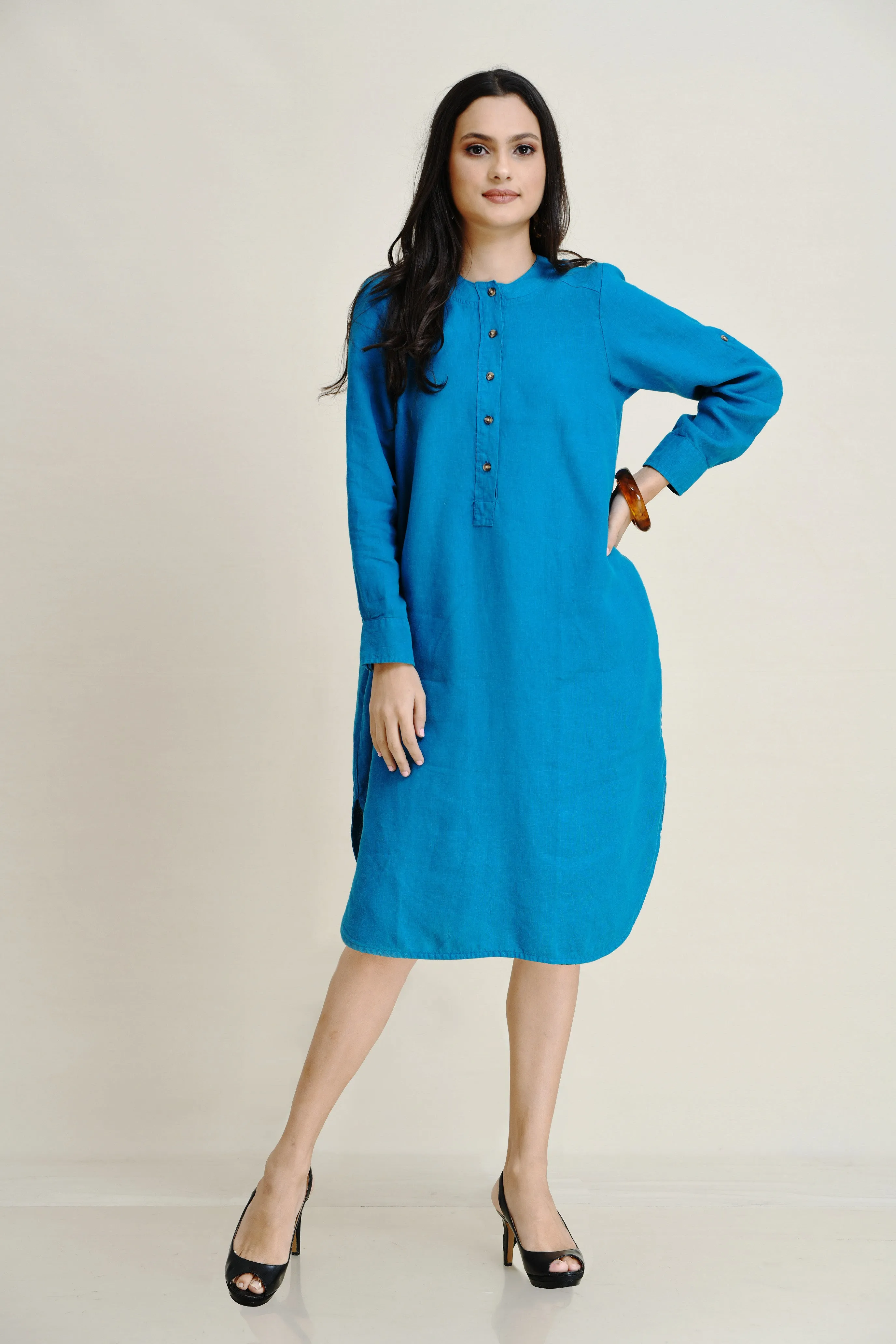LINEN SHIRT DRESS-ASYMMETRIC HEMLINE