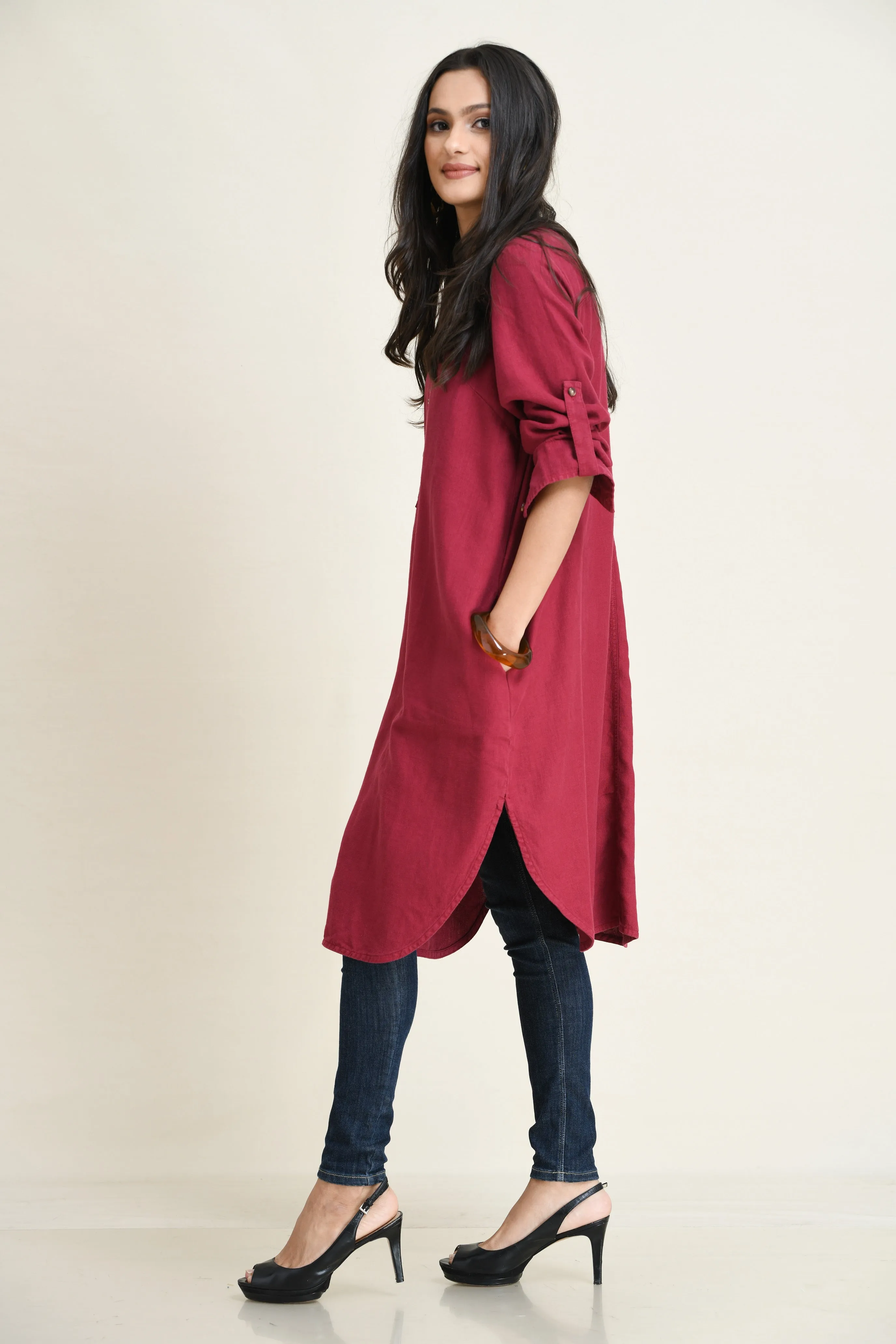 LINEN SHIRT DRESS-ASYMMETRIC HEMLINE
