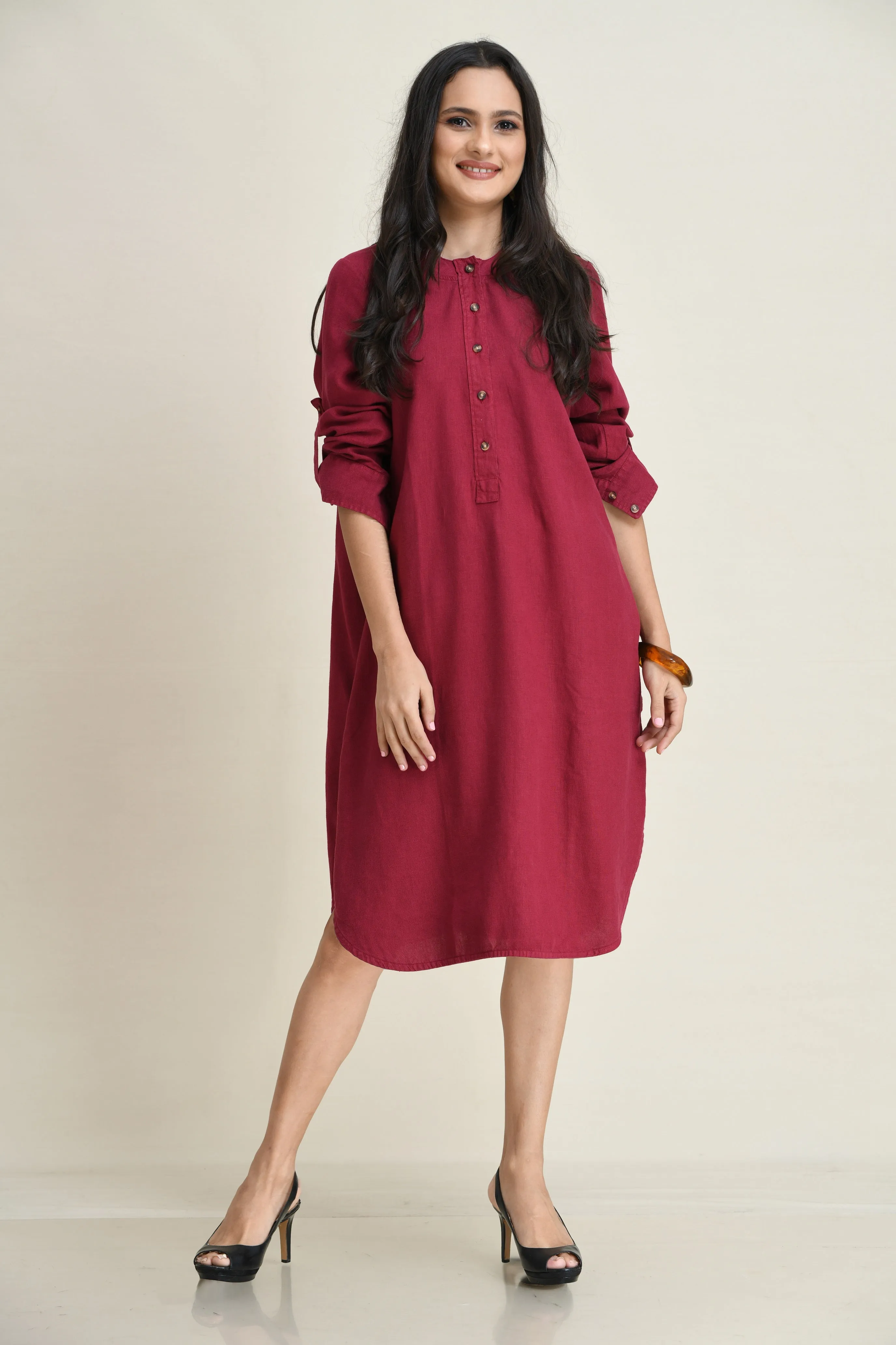 LINEN SHIRT DRESS-ASYMMETRIC HEMLINE