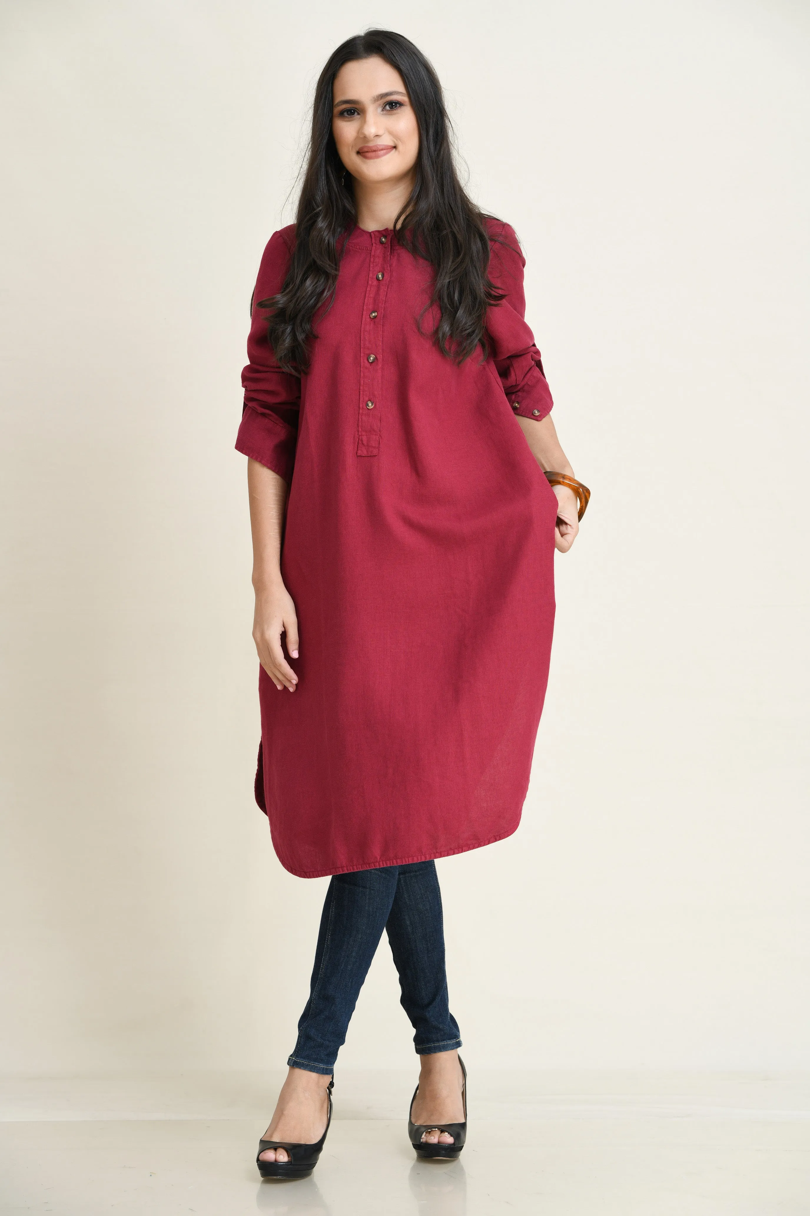 LINEN SHIRT DRESS-ASYMMETRIC HEMLINE