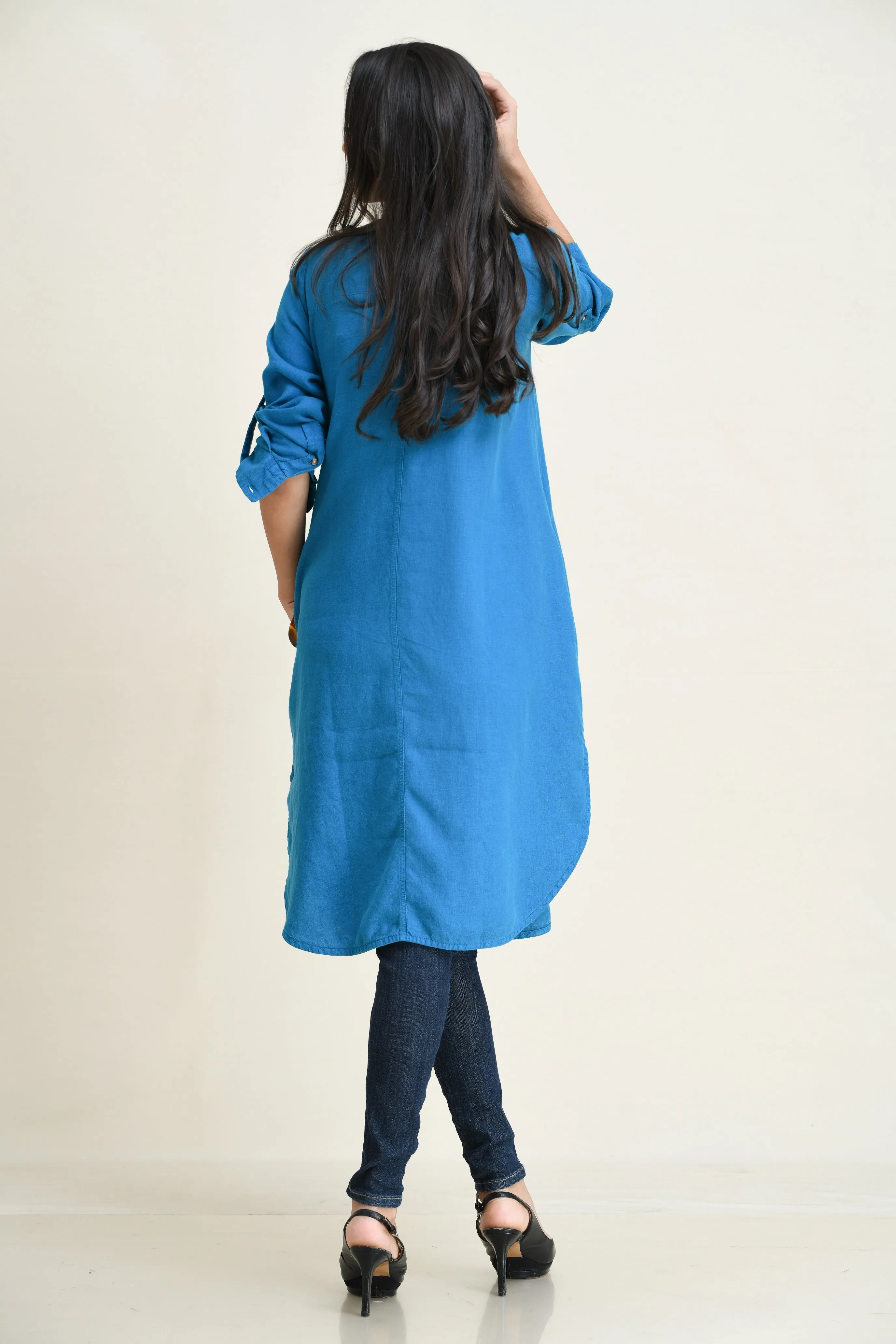 LINEN SHIRT DRESS-ASYMMETRIC HEMLINE