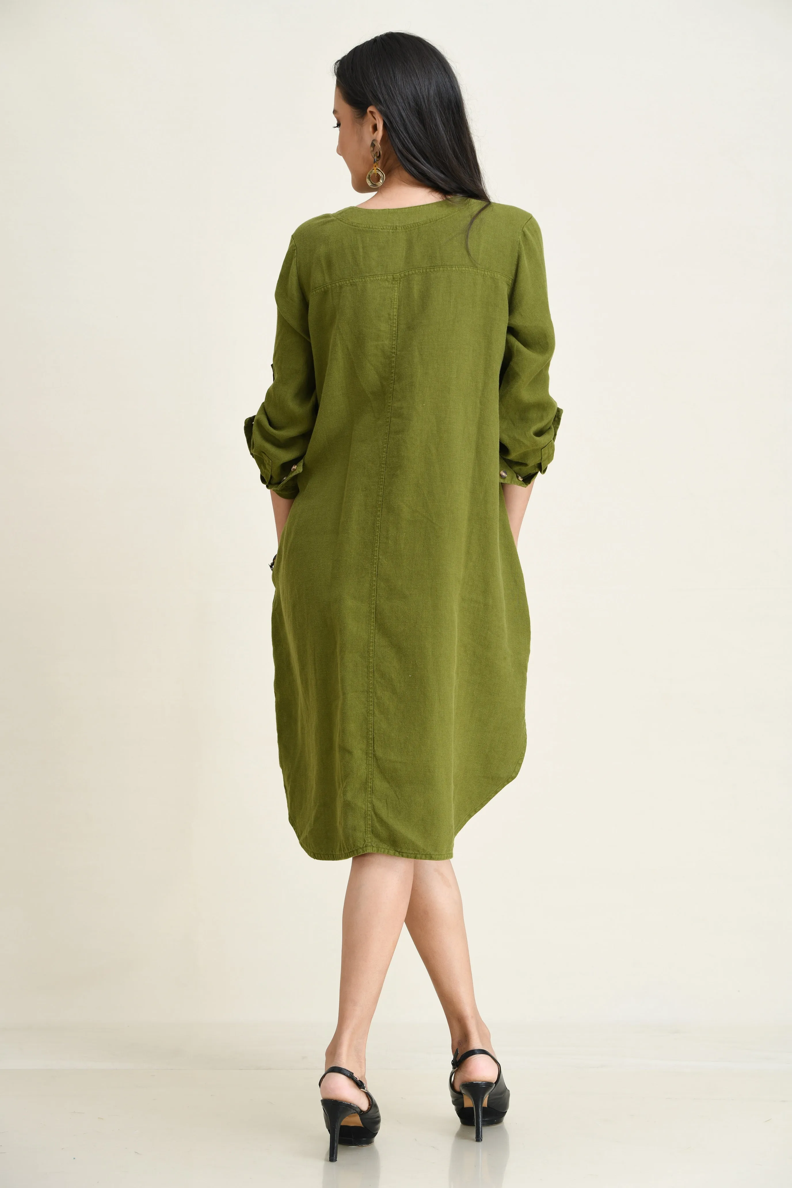 LINEN SHIRT DRESS-ASYMMETRIC HEMLINE