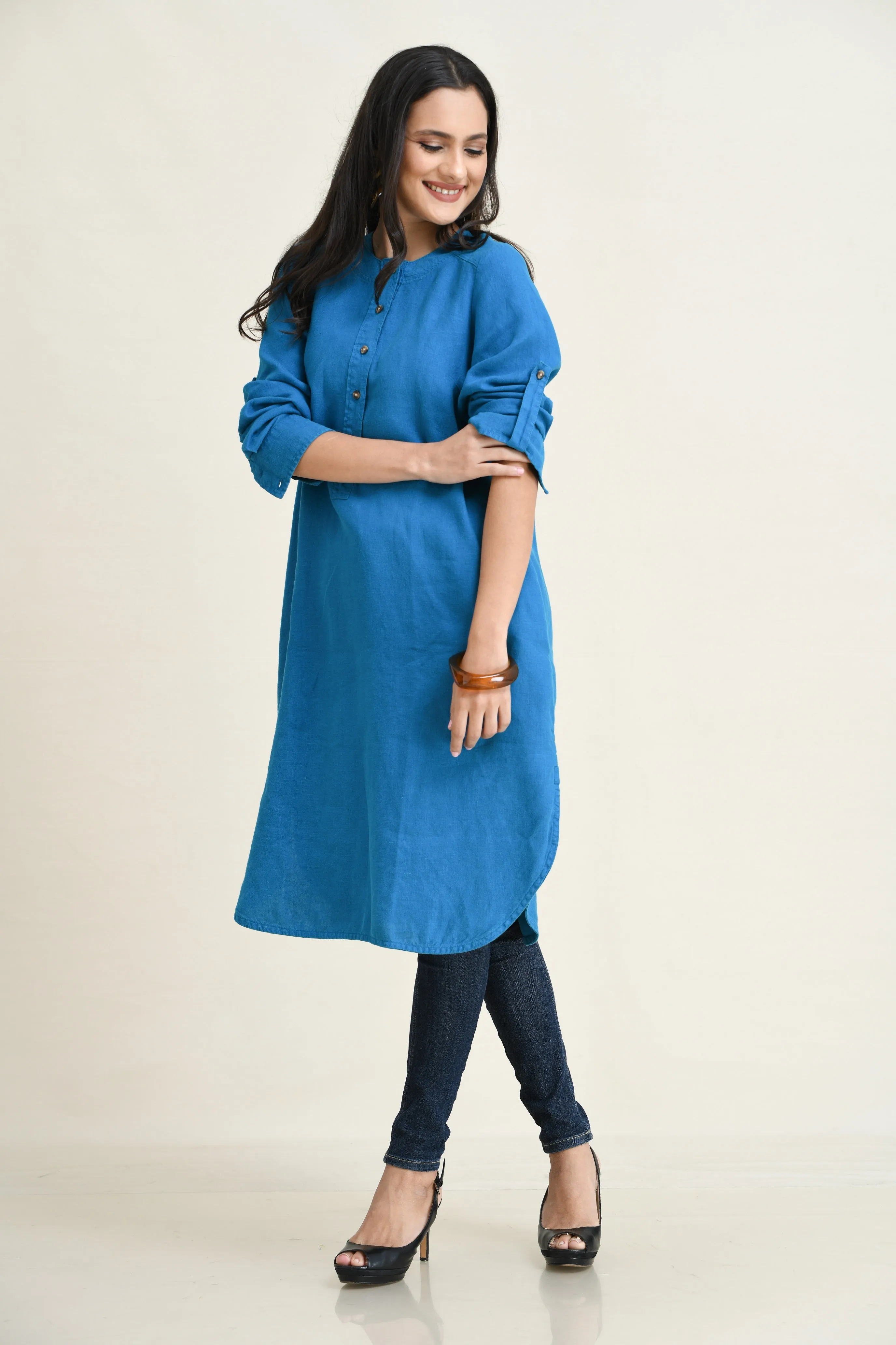 LINEN SHIRT DRESS-ASYMMETRIC HEMLINE