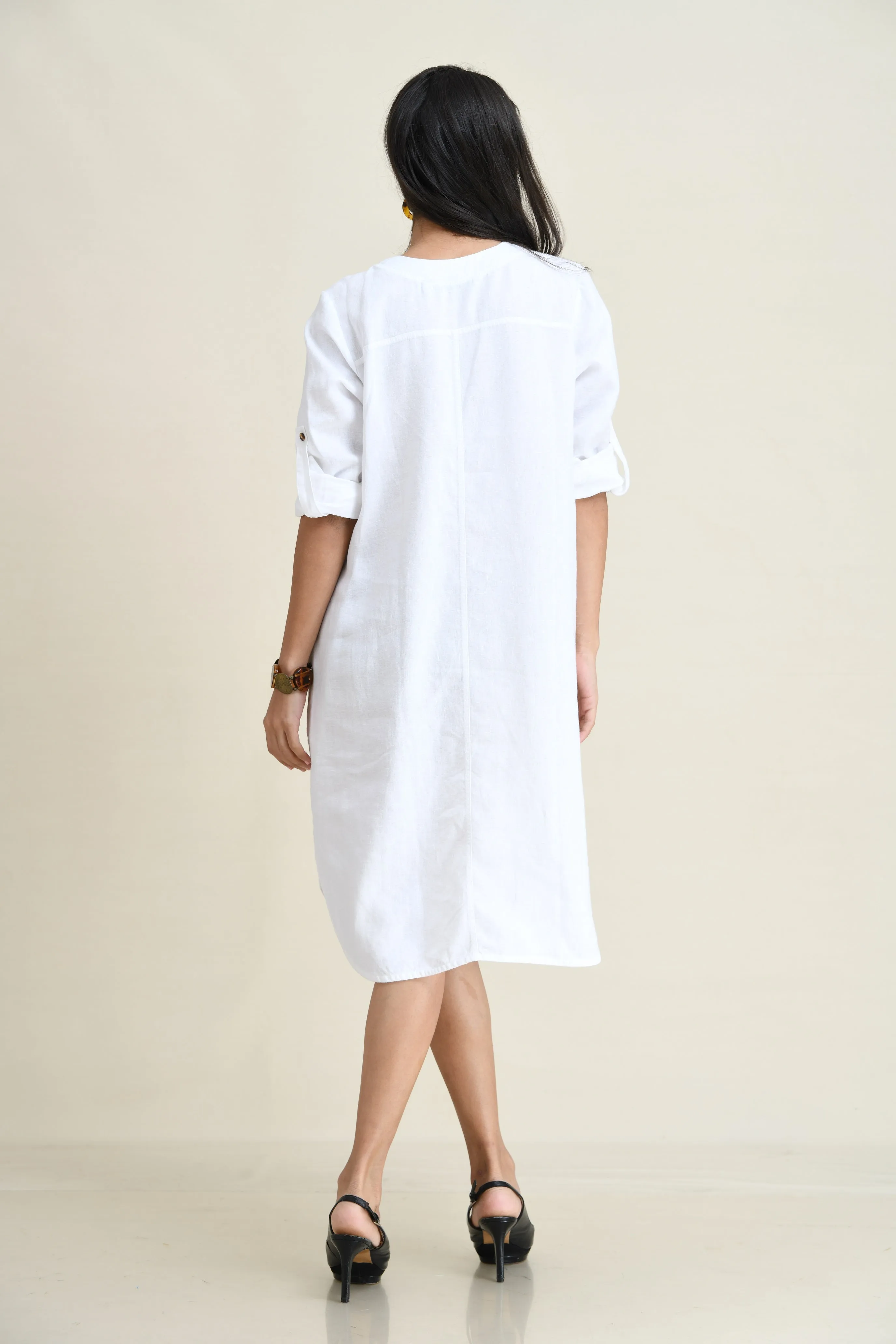 LINEN SHIRT DRESS-ASYMMETRIC HEMLINE
