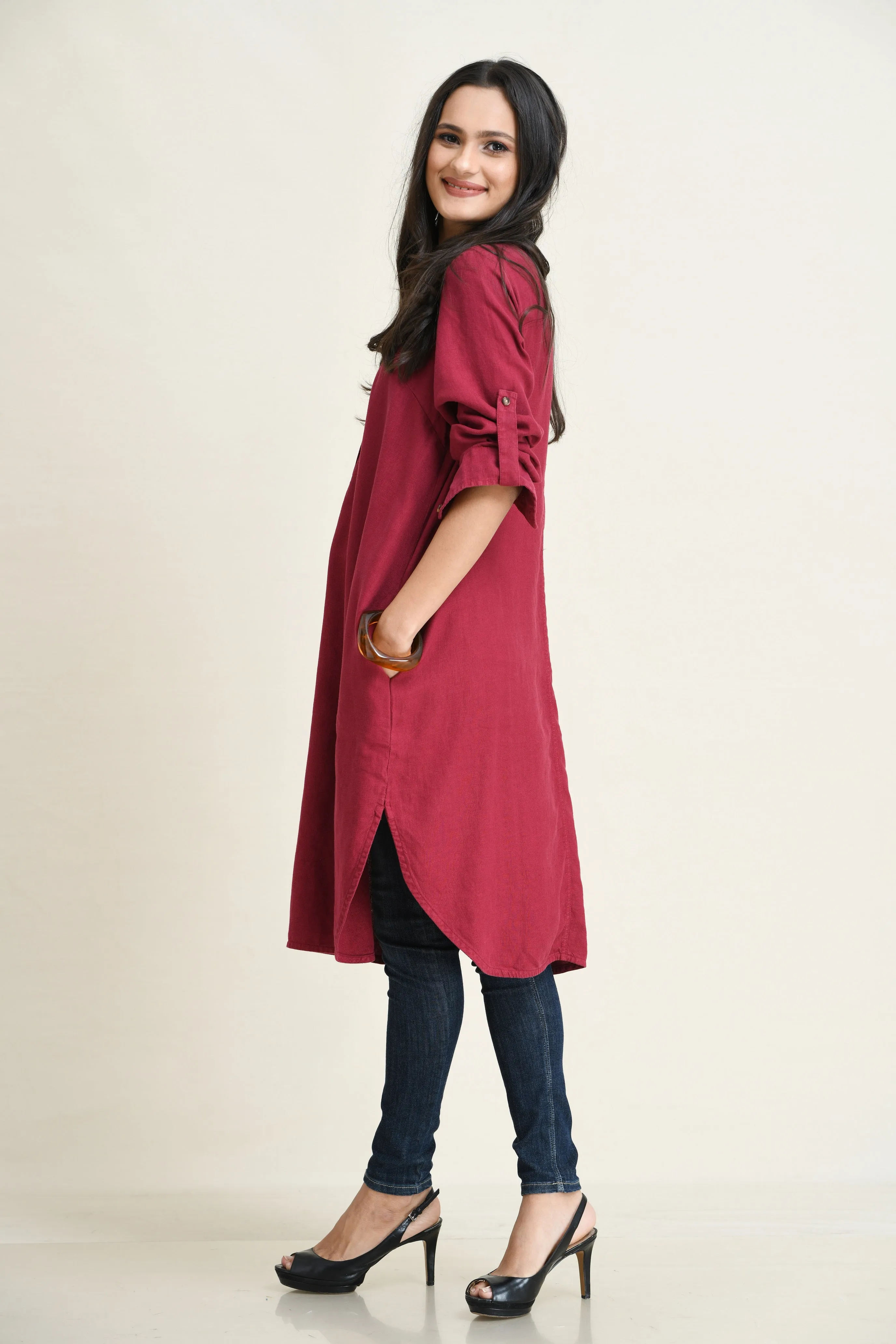 LINEN SHIRT DRESS-ASYMMETRIC HEMLINE