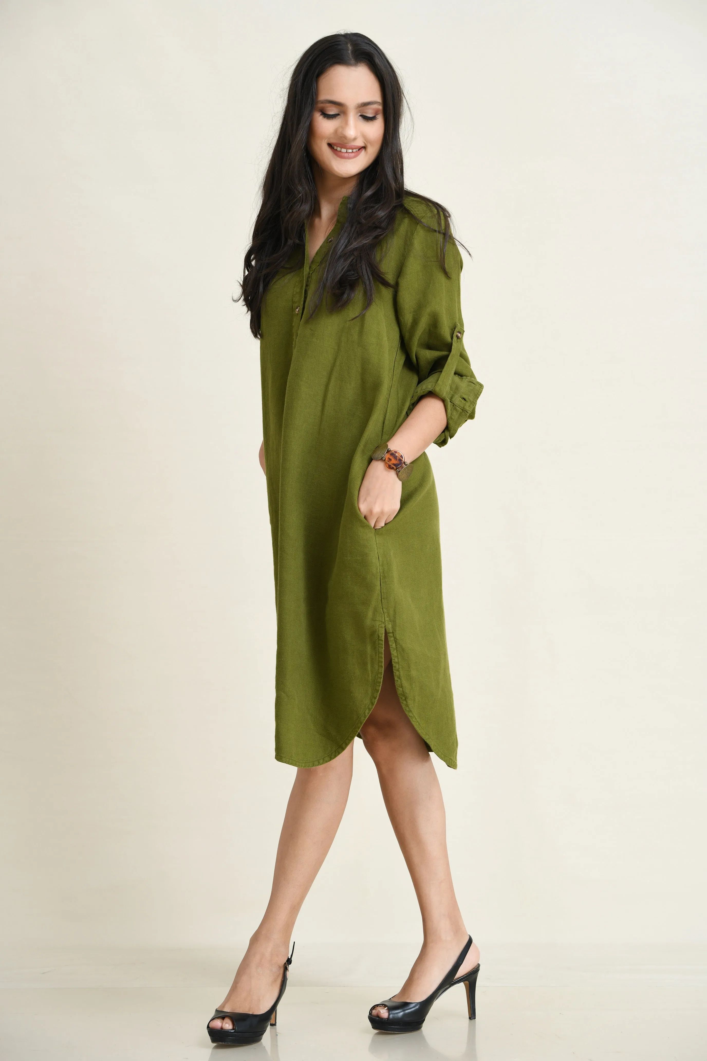 LINEN SHIRT DRESS-ASYMMETRIC HEMLINE