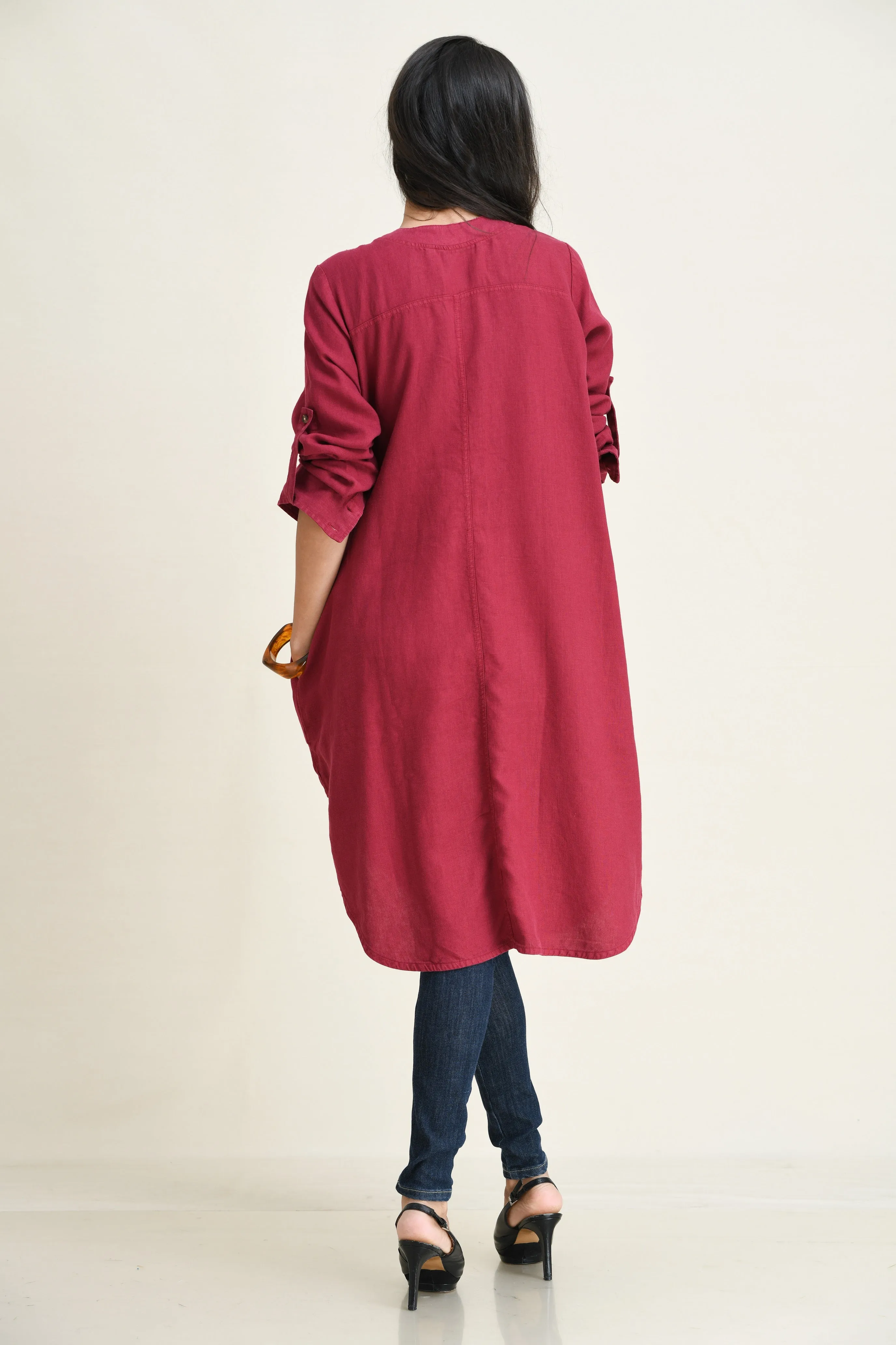LINEN SHIRT DRESS-ASYMMETRIC HEMLINE