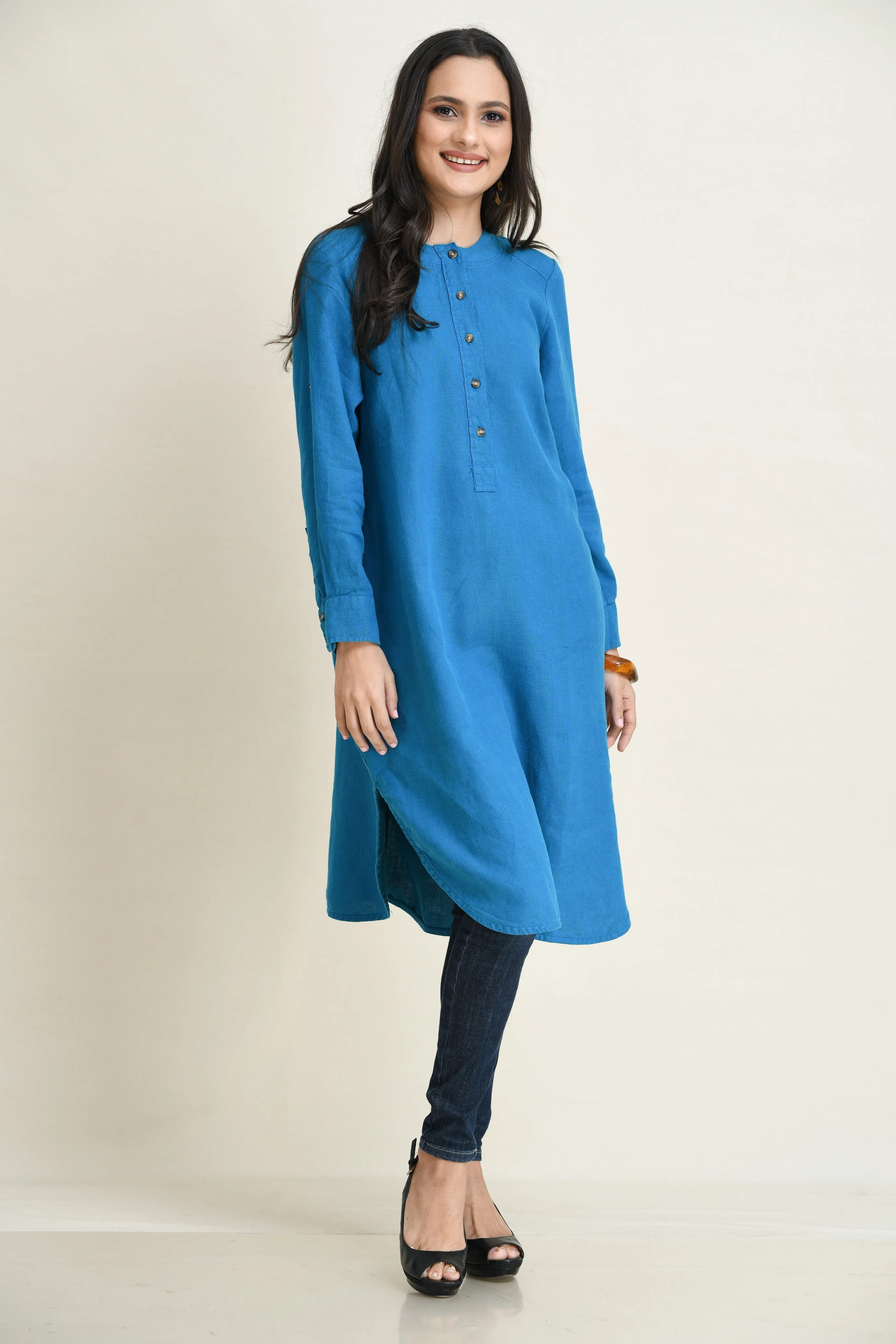 LINEN SHIRT DRESS-ASYMMETRIC HEMLINE