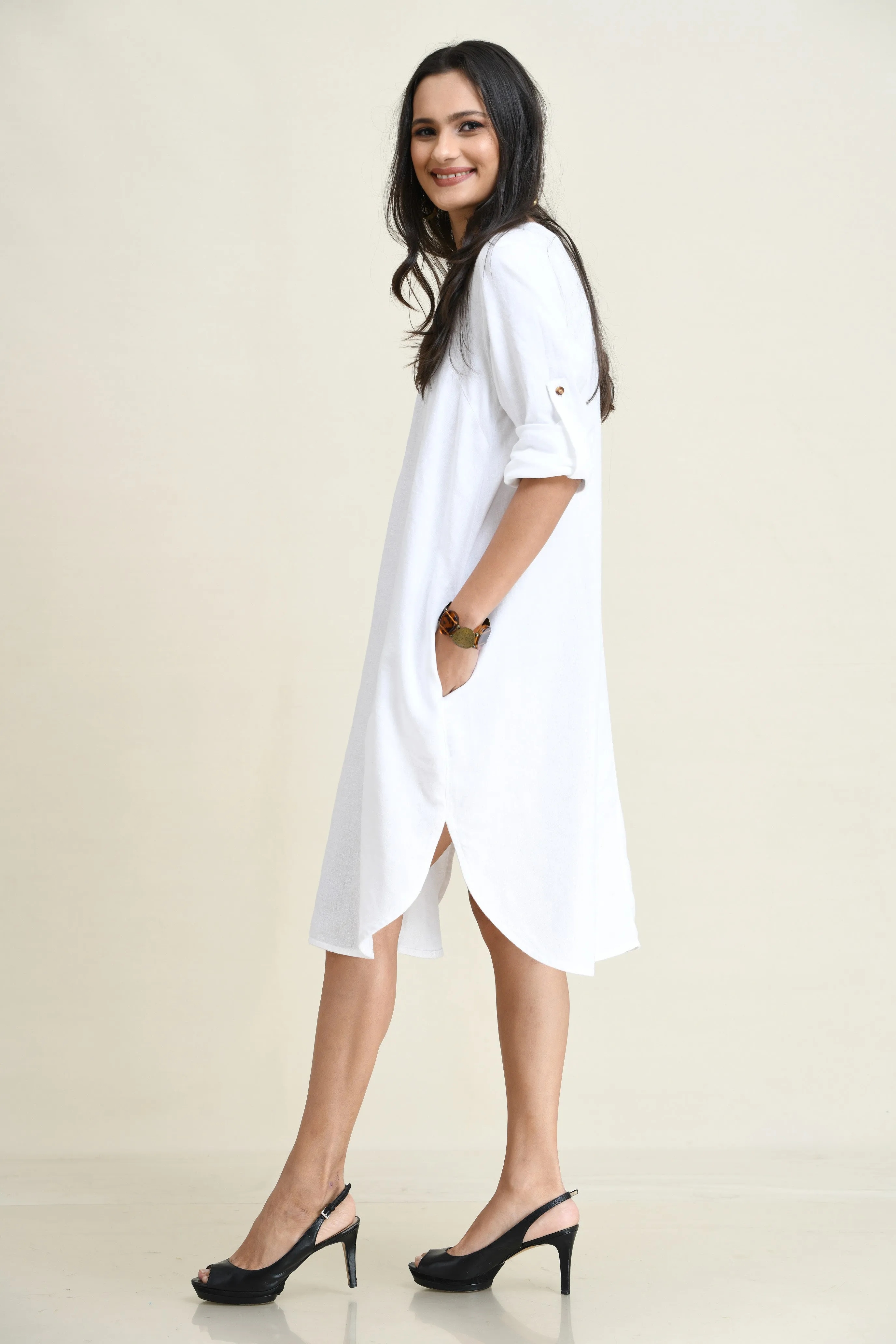 LINEN SHIRT DRESS-ASYMMETRIC HEMLINE