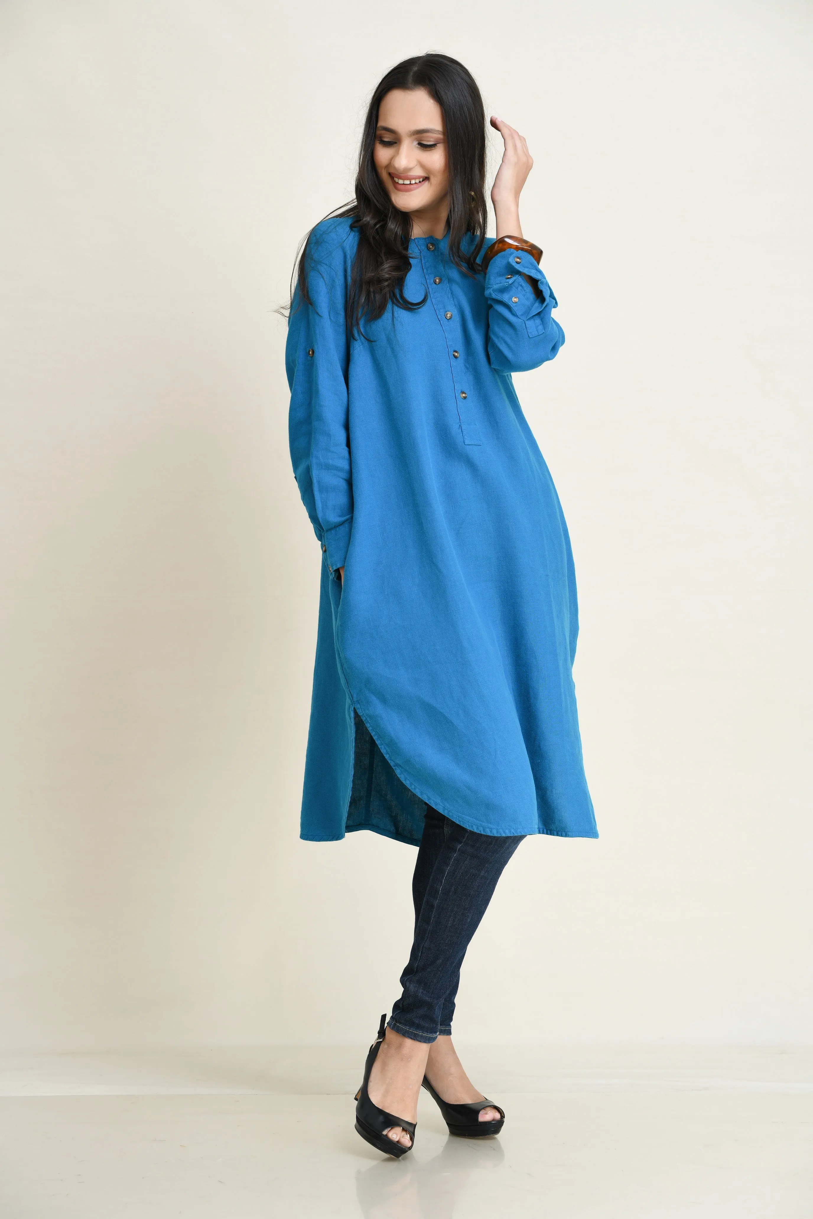 LINEN SHIRT DRESS-ASYMMETRIC HEMLINE