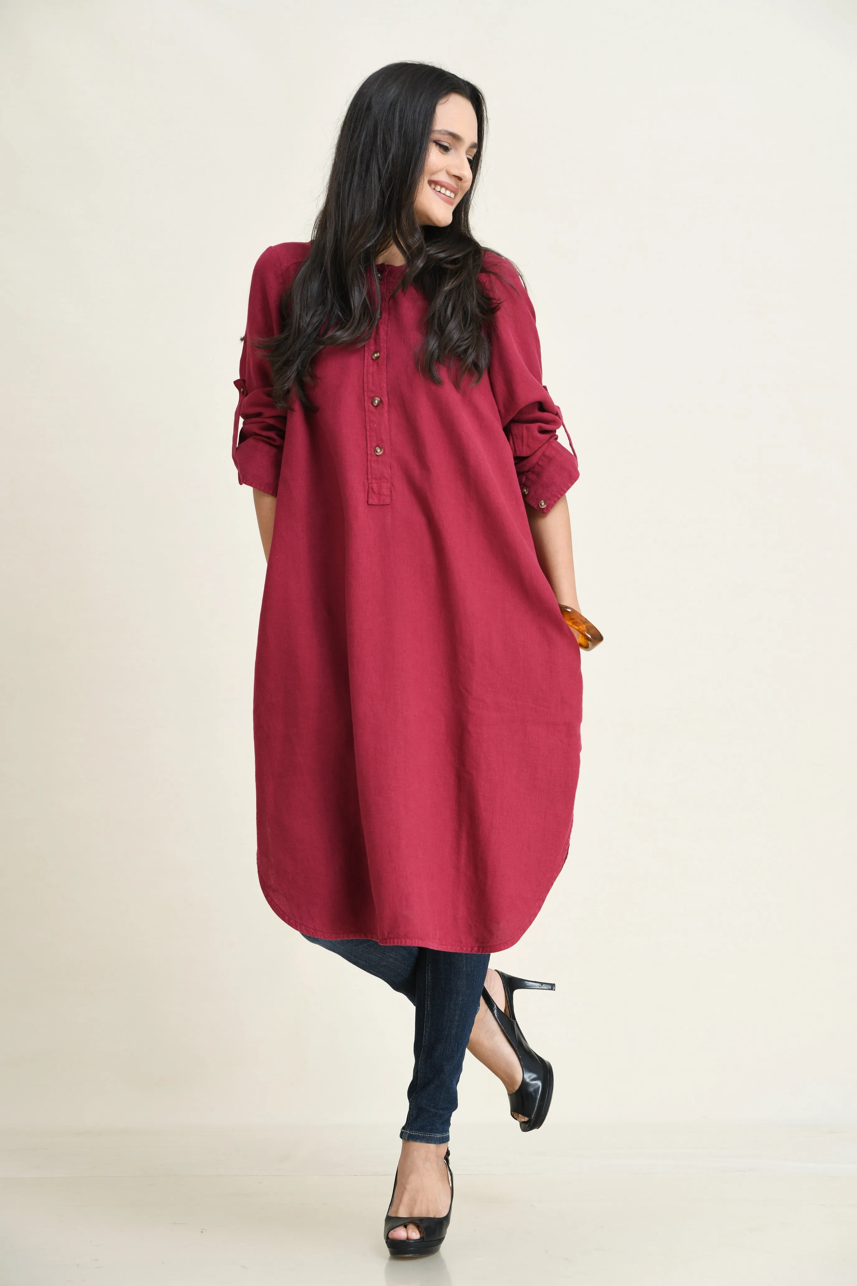 LINEN SHIRT DRESS-ASYMMETRIC HEMLINE