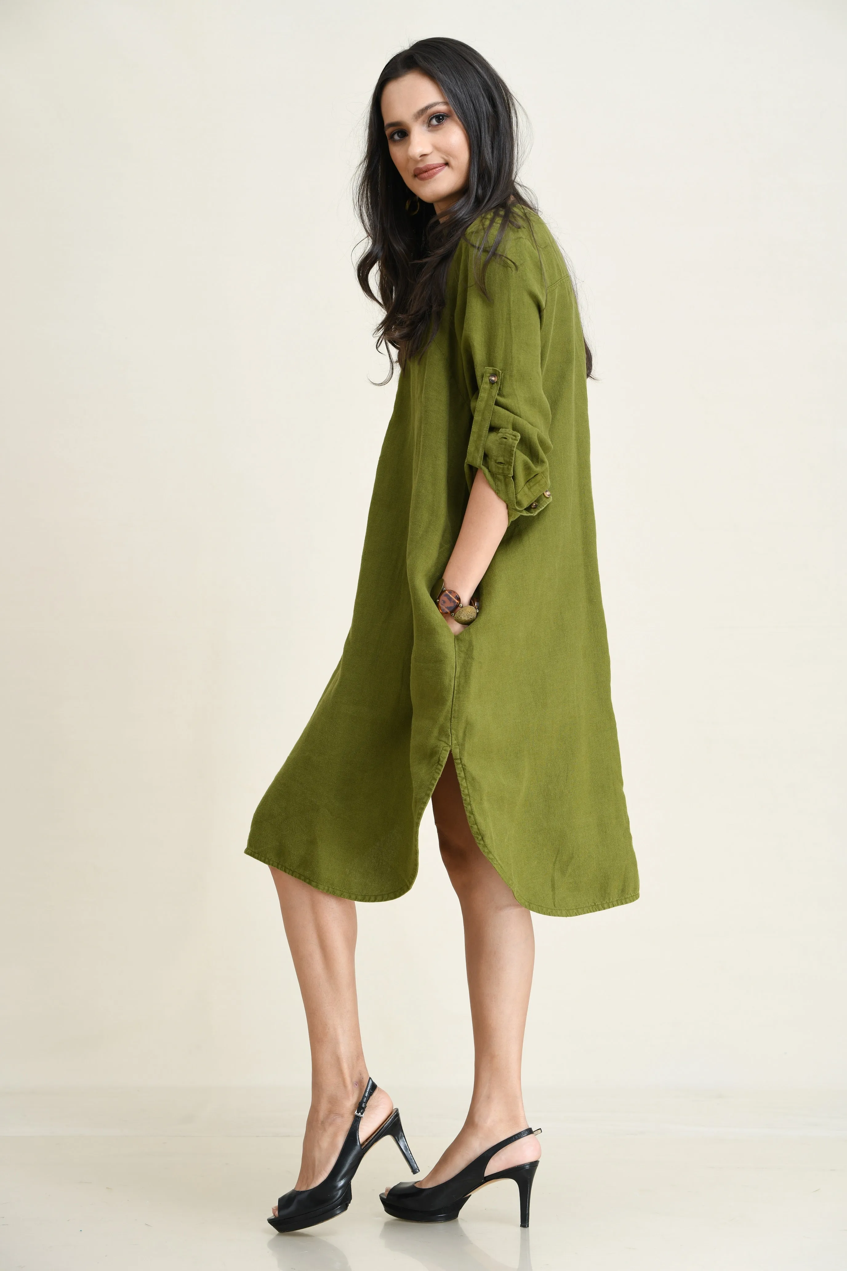LINEN SHIRT DRESS-ASYMMETRIC HEMLINE