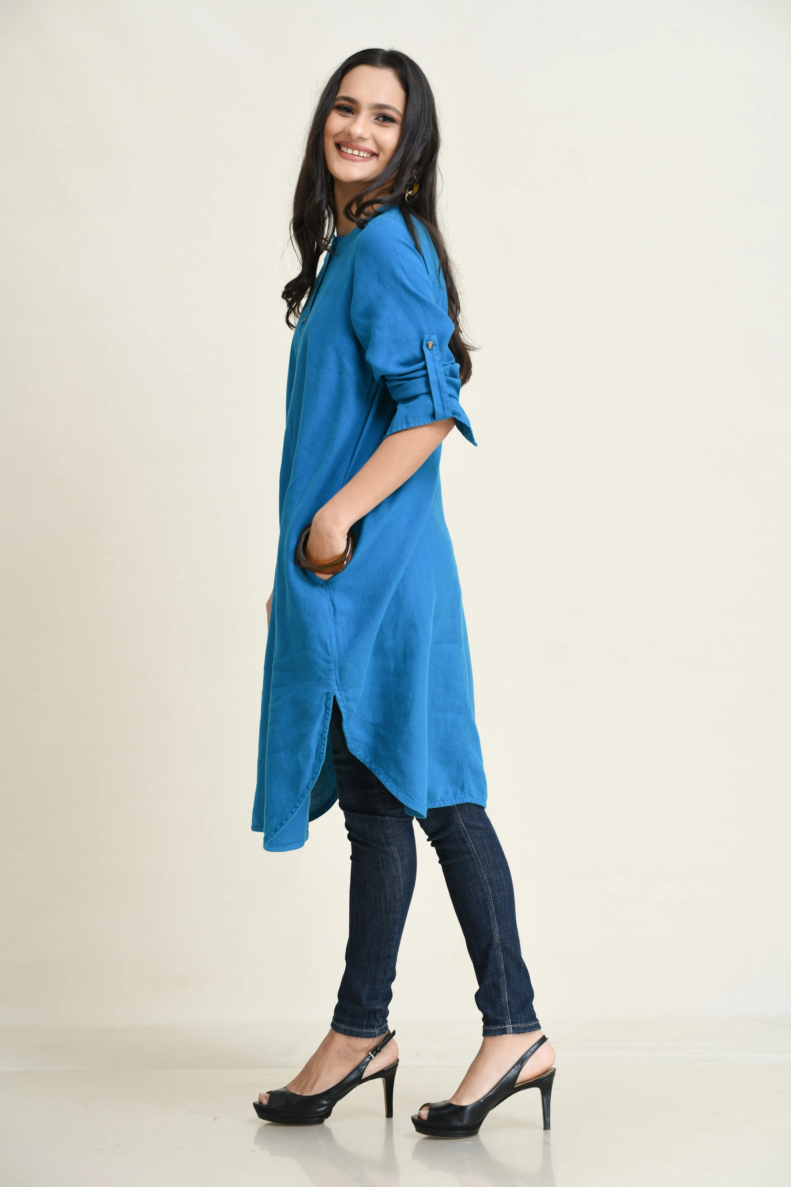 LINEN SHIRT DRESS-ASYMMETRIC HEMLINE