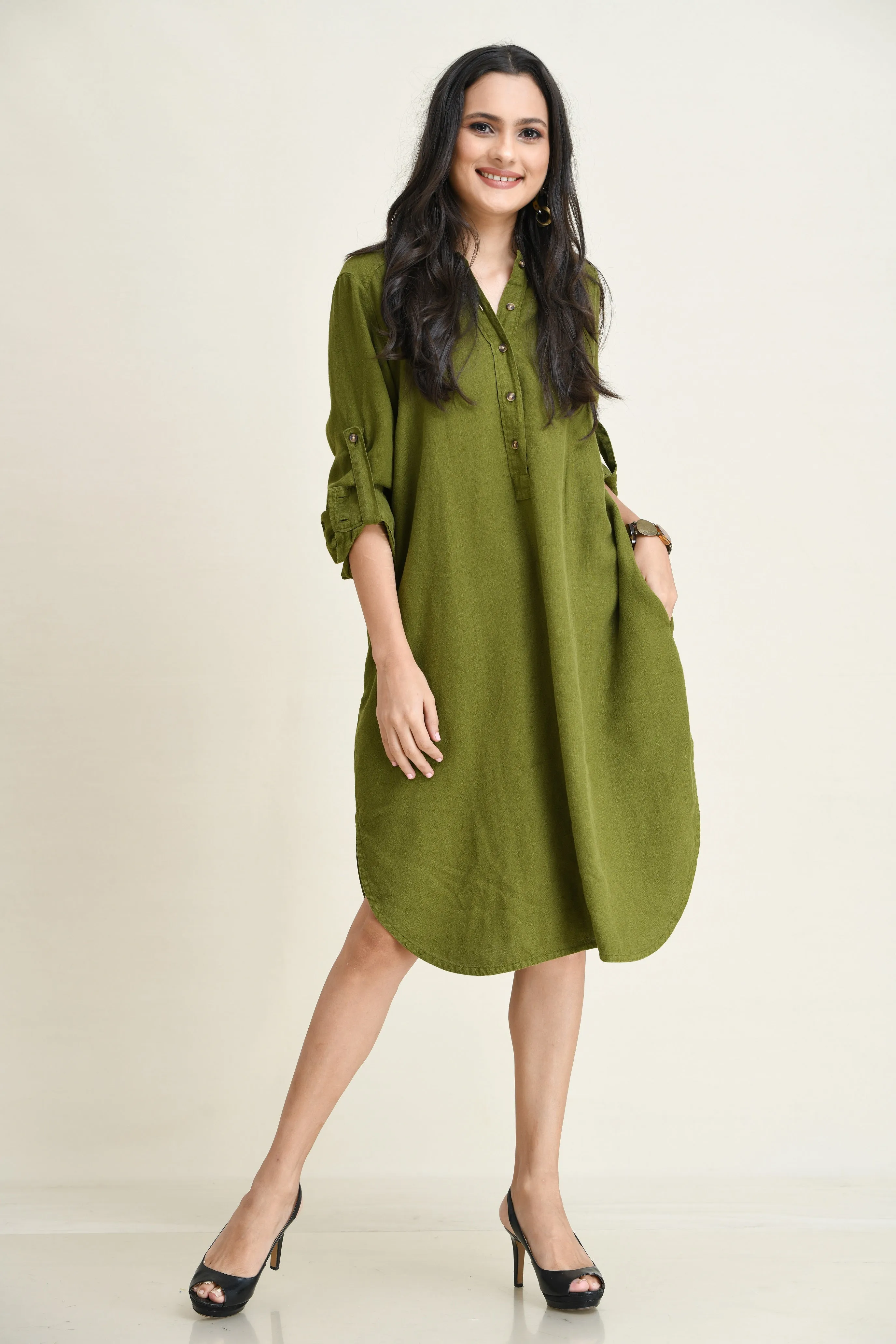 LINEN SHIRT DRESS-ASYMMETRIC HEMLINE