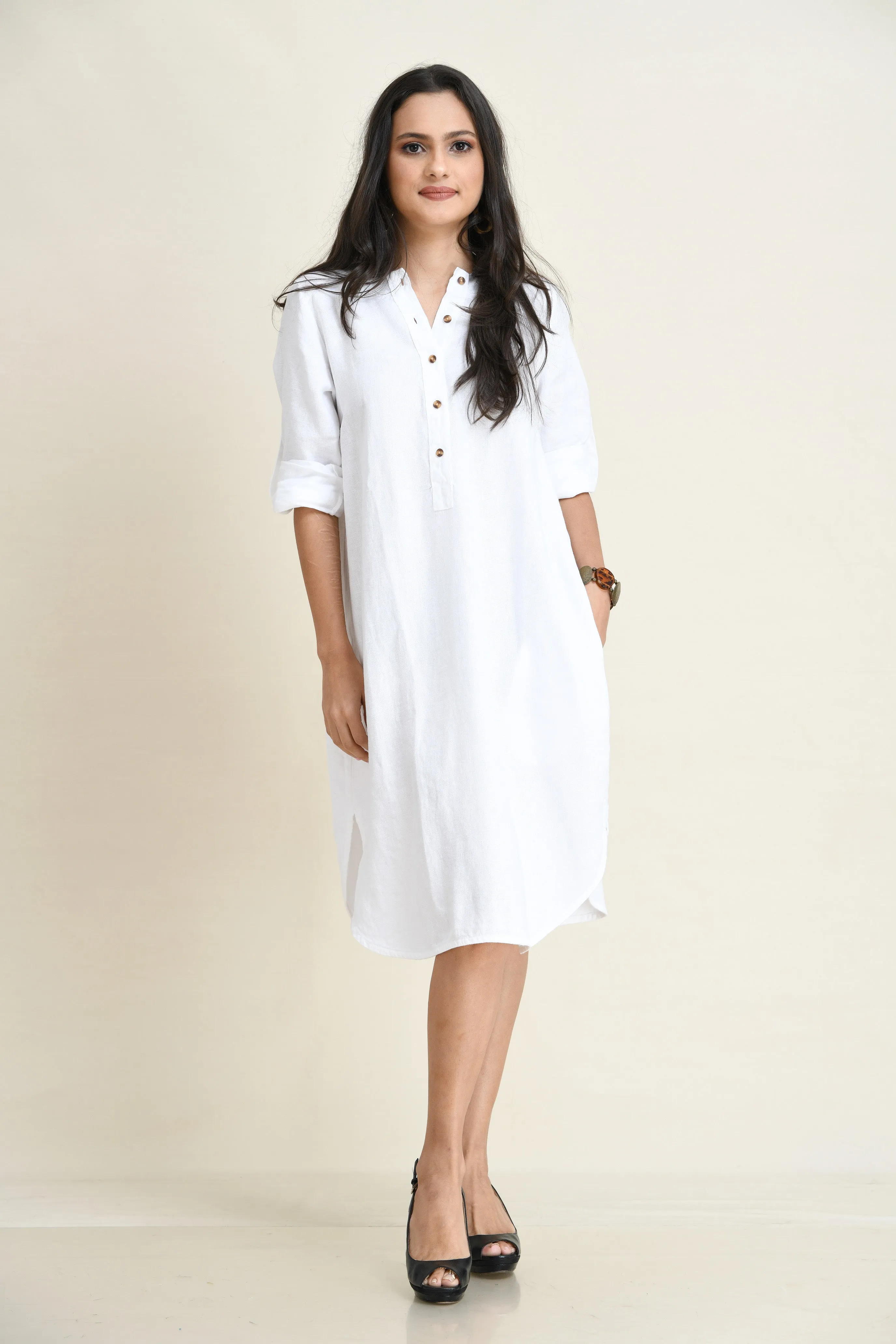 LINEN SHIRT DRESS-ASYMMETRIC HEMLINE