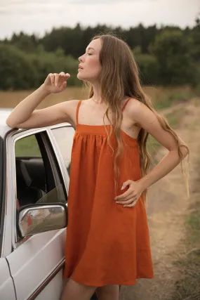 LOULOU LINEN MINI DRESS - BURNT ORANGE