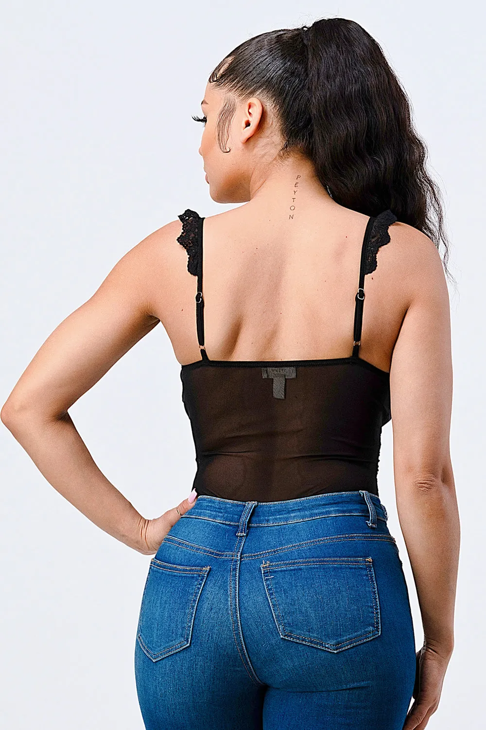 LUX SWEETHEART RUCHED MESH LACE STRAP BODYSUIT