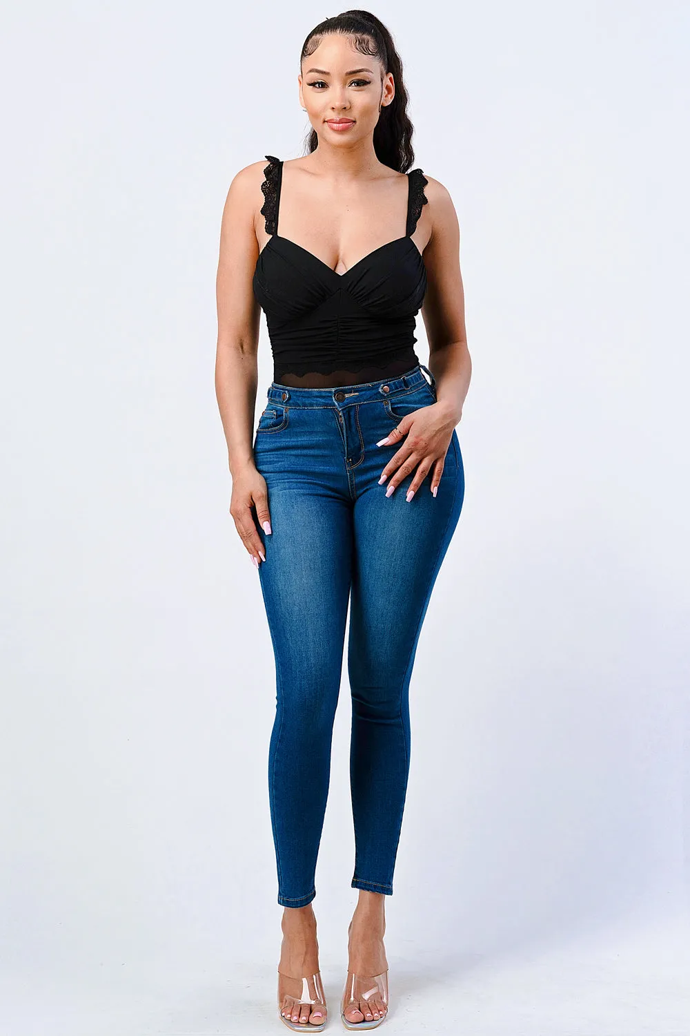 LUX SWEETHEART RUCHED MESH LACE STRAP BODYSUIT