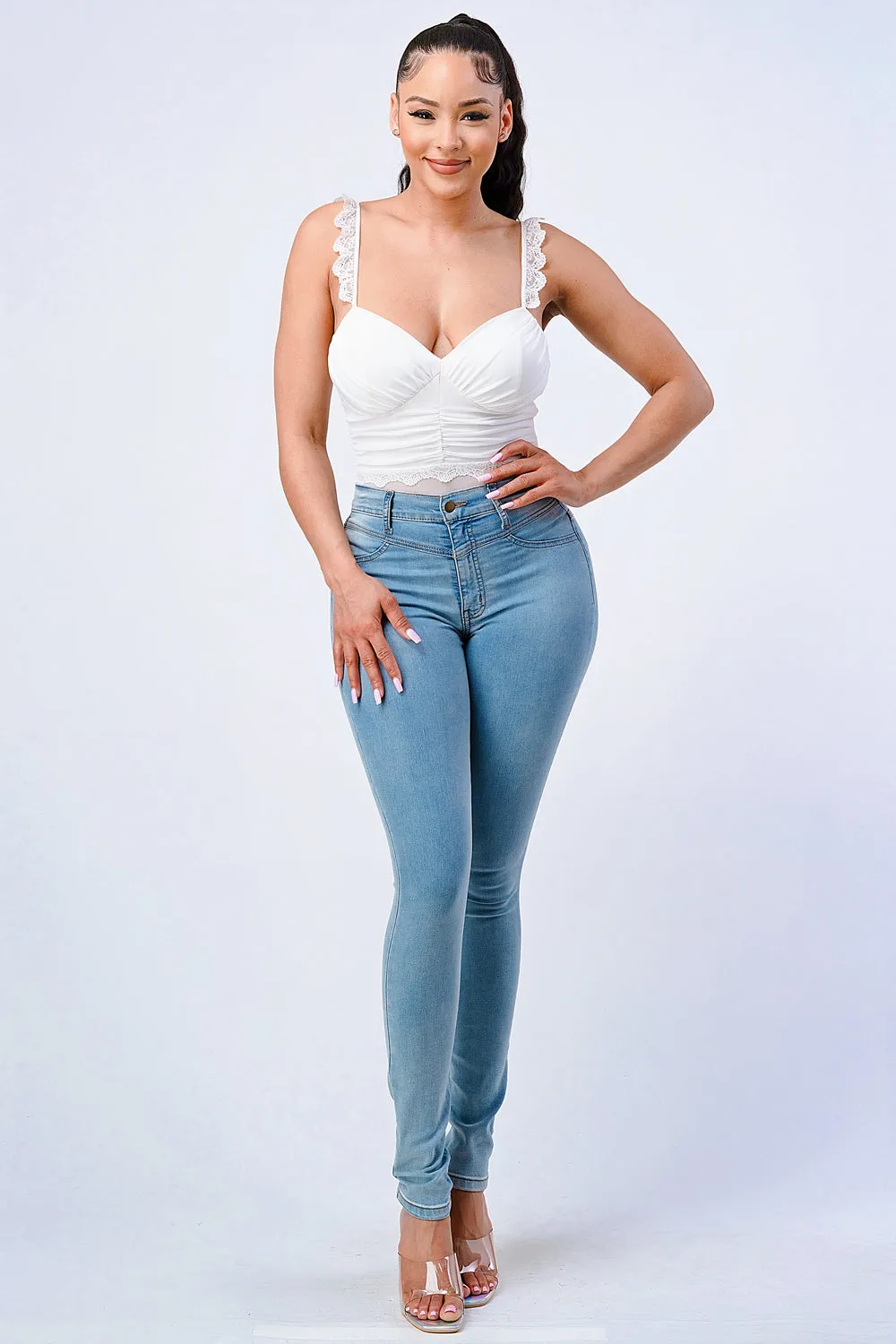 LUX SWEETHEART RUCHED MESH LACE STRAP BODYSUIT