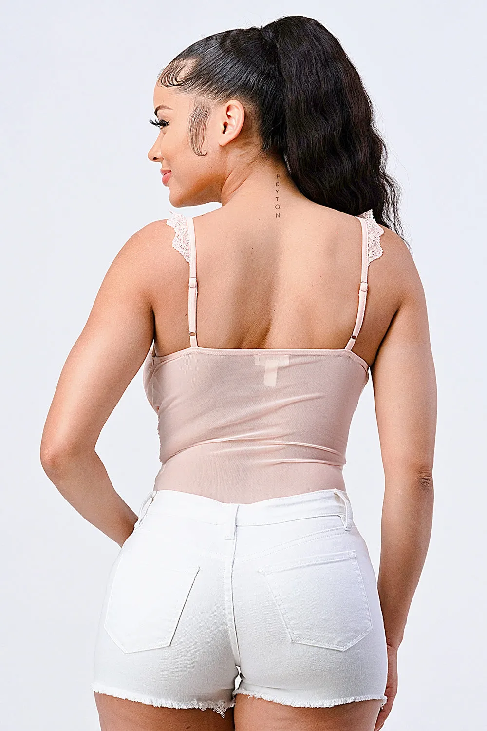 LUX SWEETHEART RUCHED MESH LACE STRAP BODYSUIT