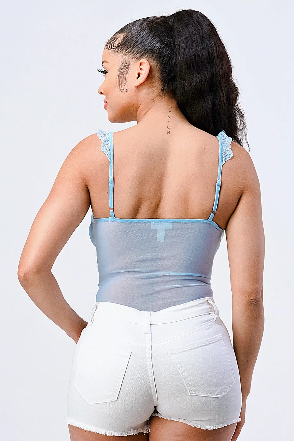 LUX SWEETHEART RUCHED MESH LACE STRAP BODYSUIT