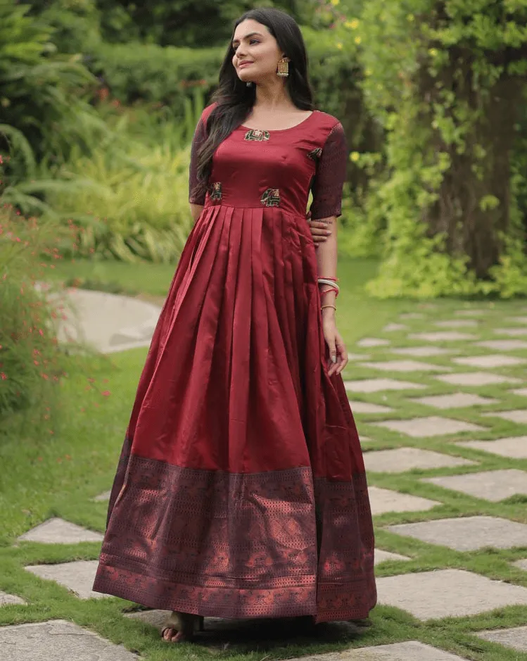 Maroon silk Printed Banarasi A-link Designer Gown