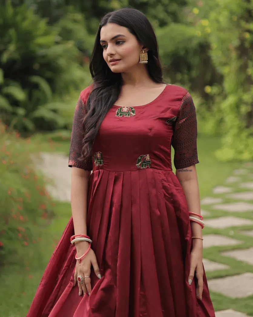 Maroon silk Printed Banarasi A-link Designer Gown