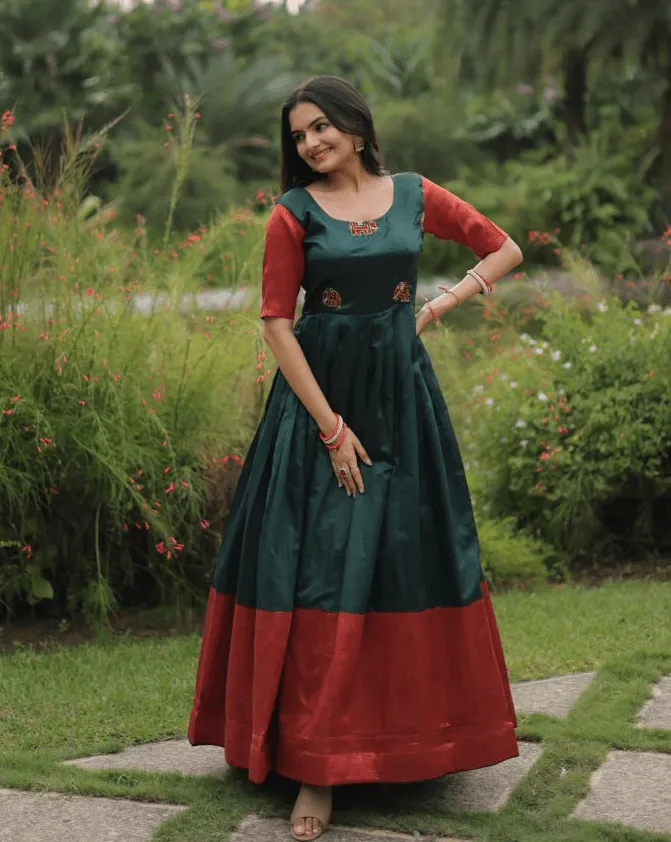 Maroon silk Printed Banarasi A-link Designer Gown