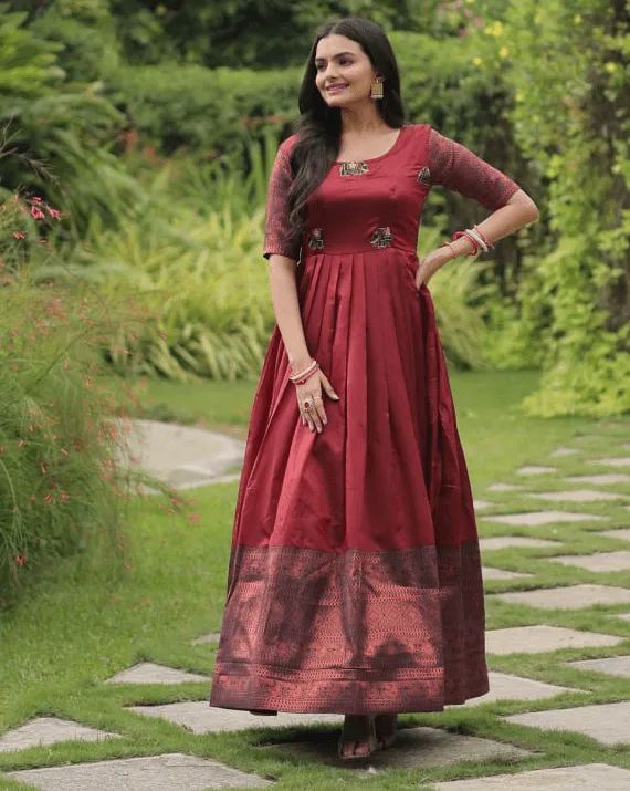 Maroon silk Printed Banarasi A-link Designer Gown