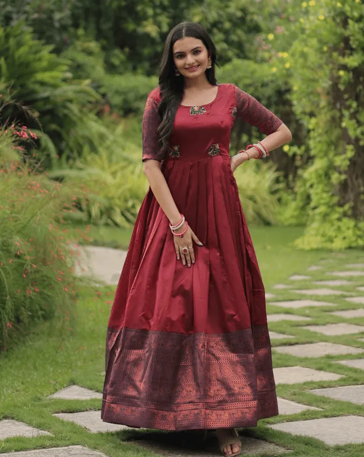 Maroon silk Printed Banarasi A-link Designer Gown