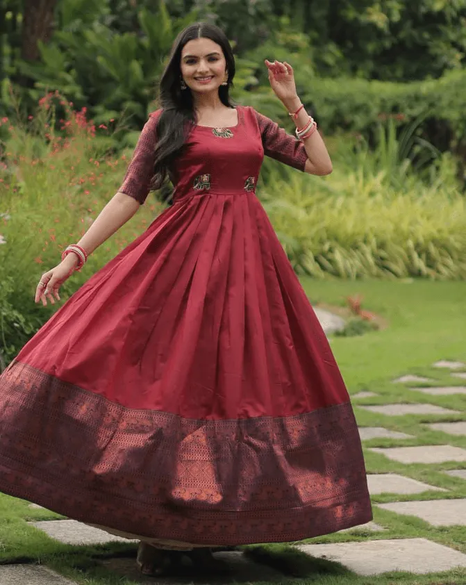 Maroon silk Printed Banarasi A-link Designer Gown