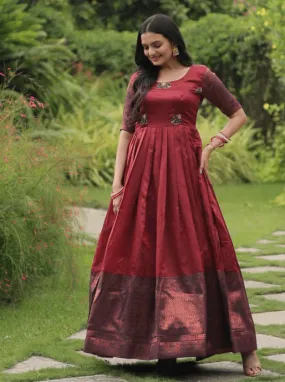 Maroon silk Printed Banarasi A-link Designer Gown