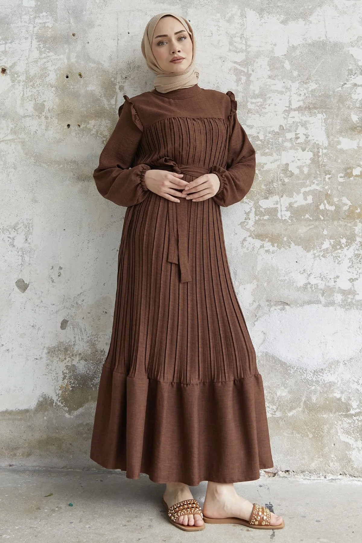 MDS Women Ruffle Trim Linen Dress with Puff Sleeves - Dark Brown - Ciudad López Mateos