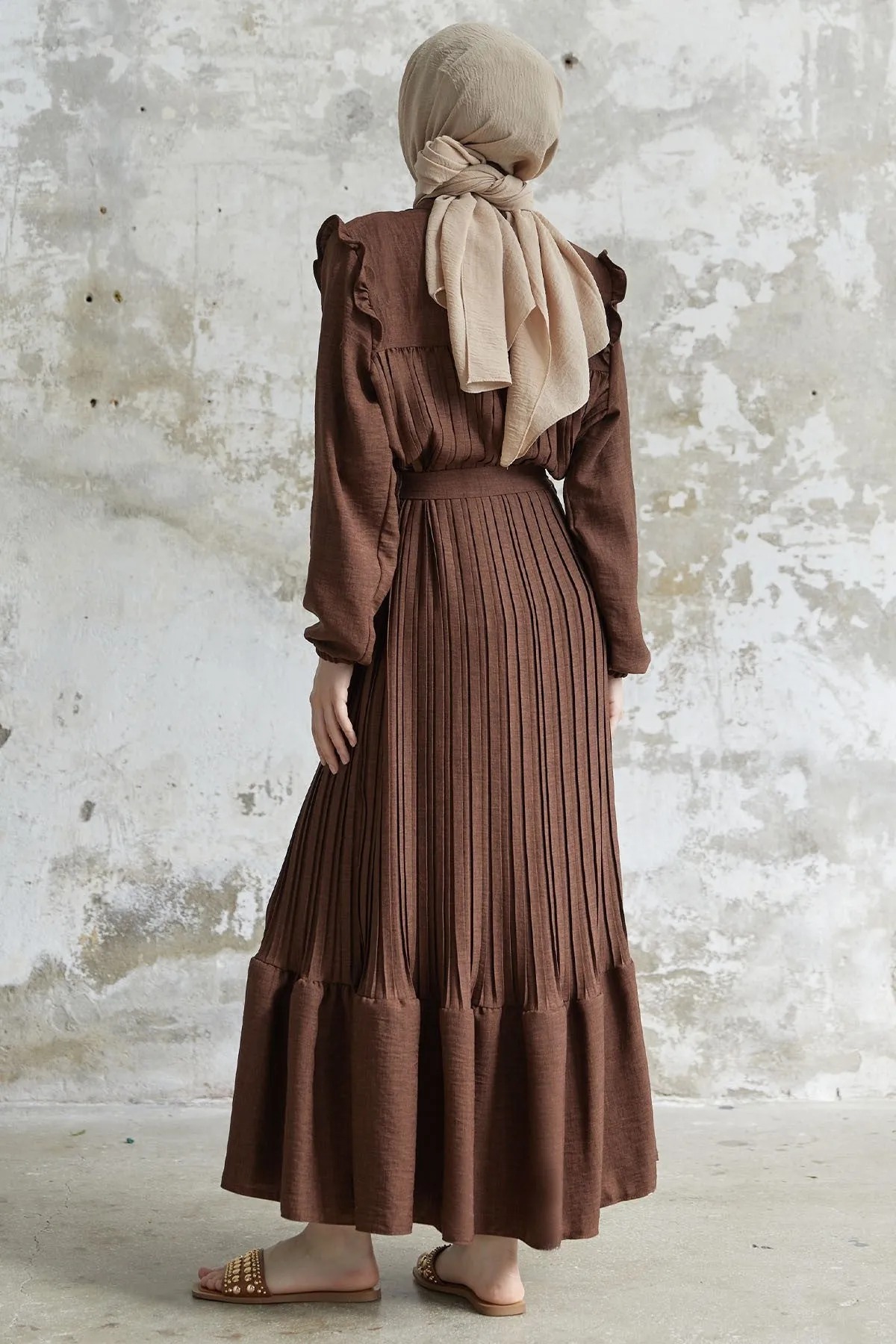 MDS Women Ruffle Trim Linen Dress with Puff Sleeves - Dark Brown - Ciudad López Mateos