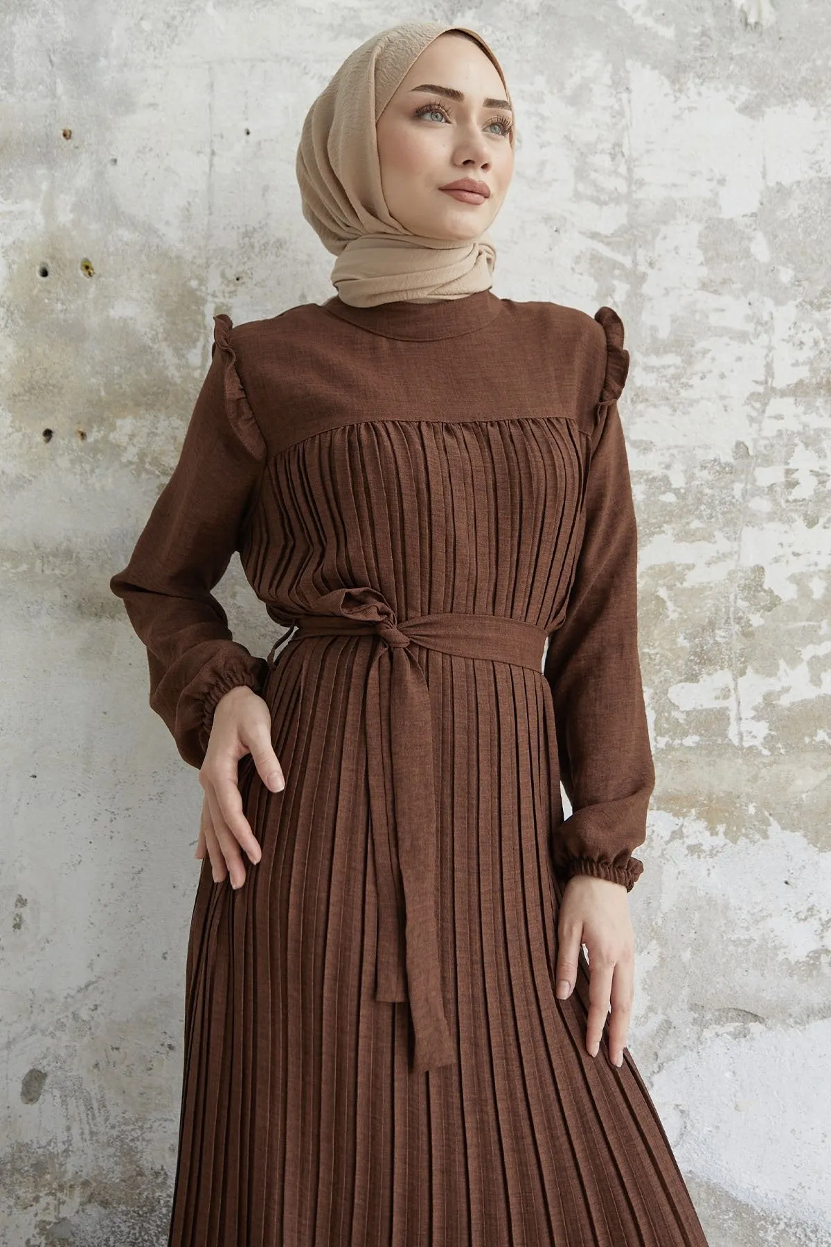 MDS Women Ruffle Trim Linen Dress with Puff Sleeves - Dark Brown - Ciudad López Mateos