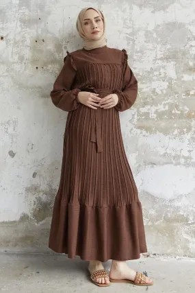 MDS Women Ruffle Trim Linen Dress with Puff Sleeves - Dark Brown - Ciudad López Mateos