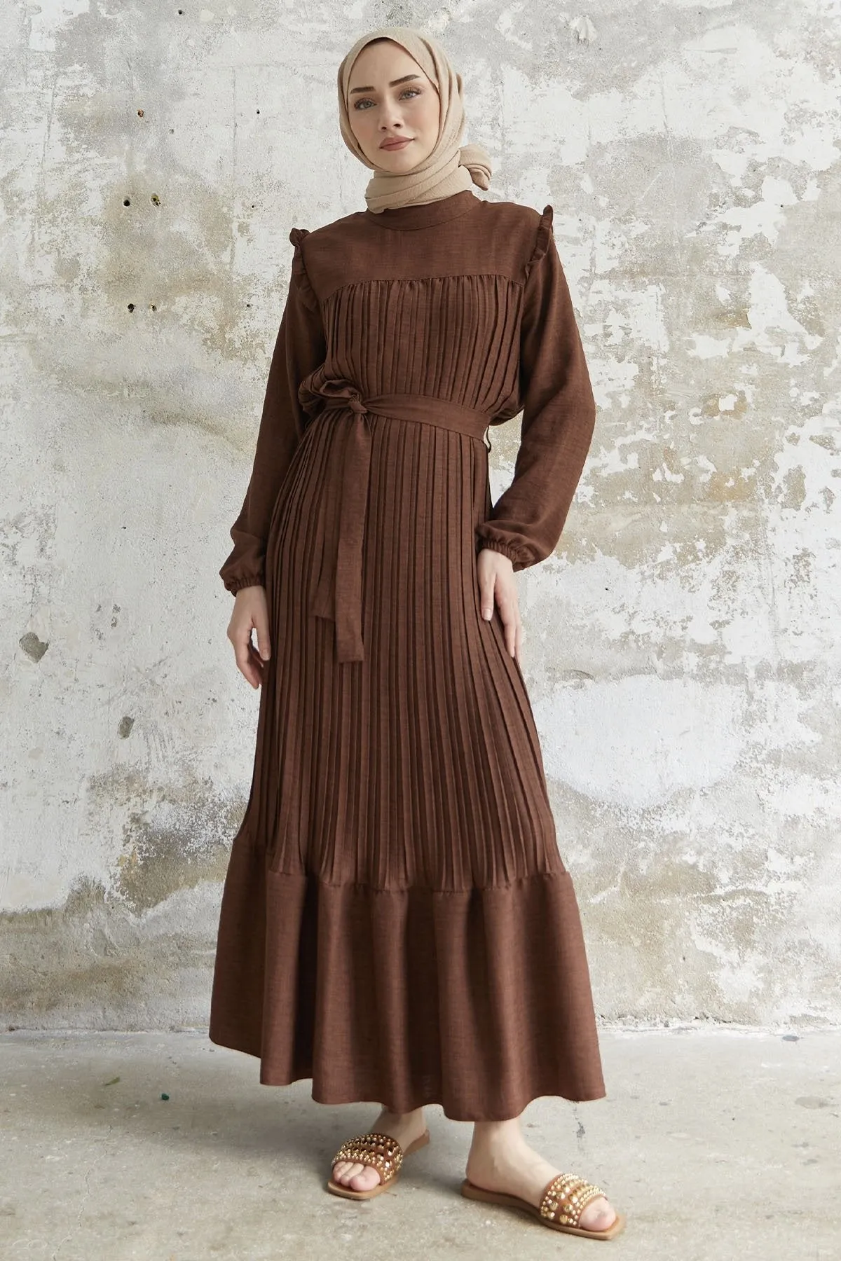 MDS Women Ruffle Trim Linen Dress with Puff Sleeves - Dark Brown - Ciudad López Mateos