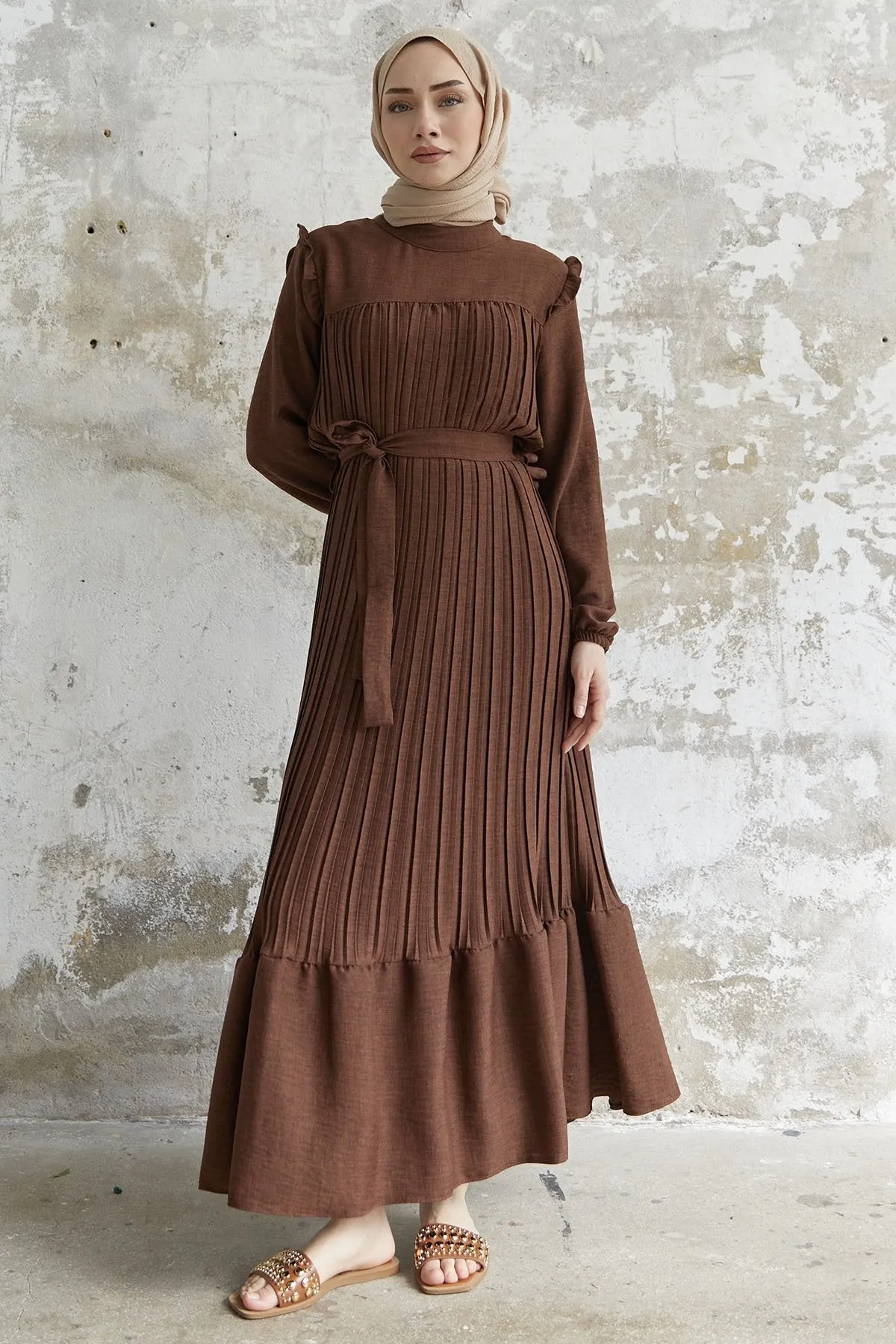 MDS Women Ruffle Trim Linen Dress with Puff Sleeves - Dark Brown - Ciudad López Mateos