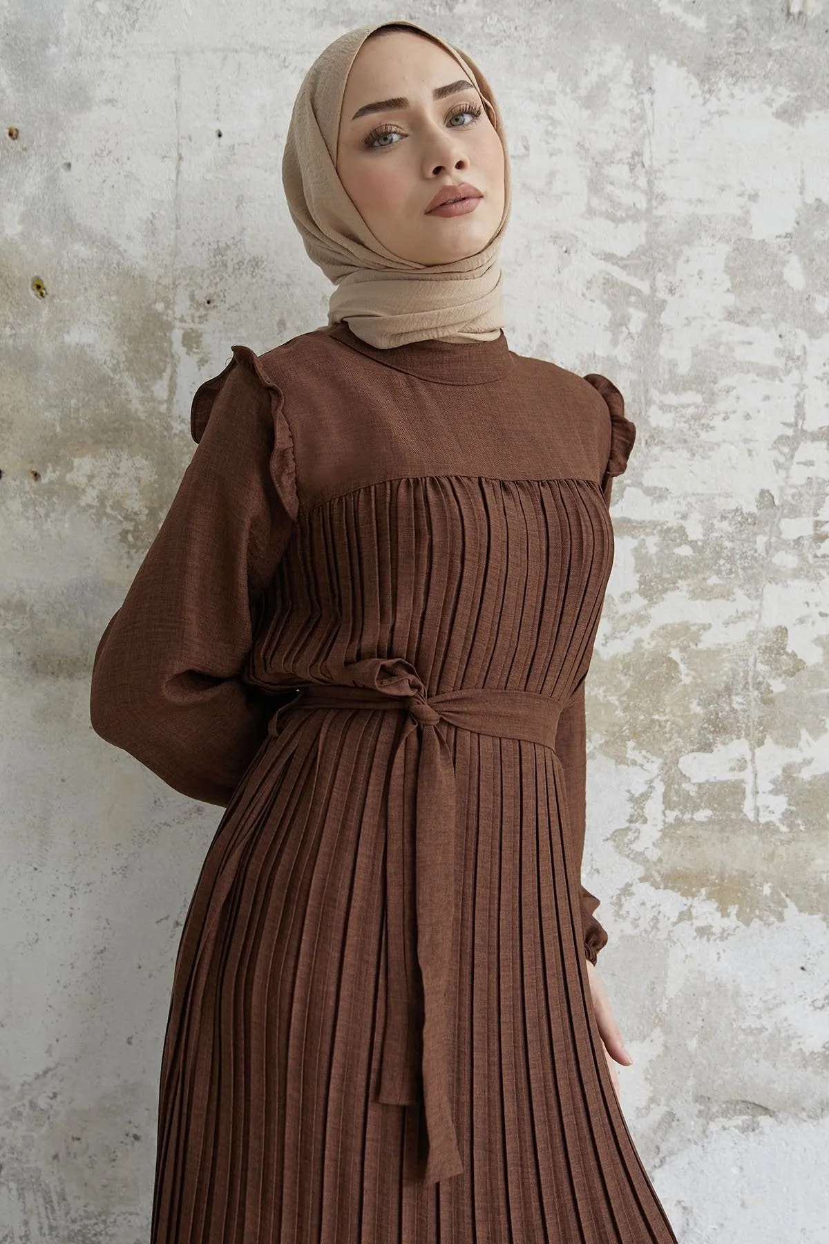 MDS Women Ruffle Trim Linen Dress with Puff Sleeves - Dark Brown - Ciudad López Mateos