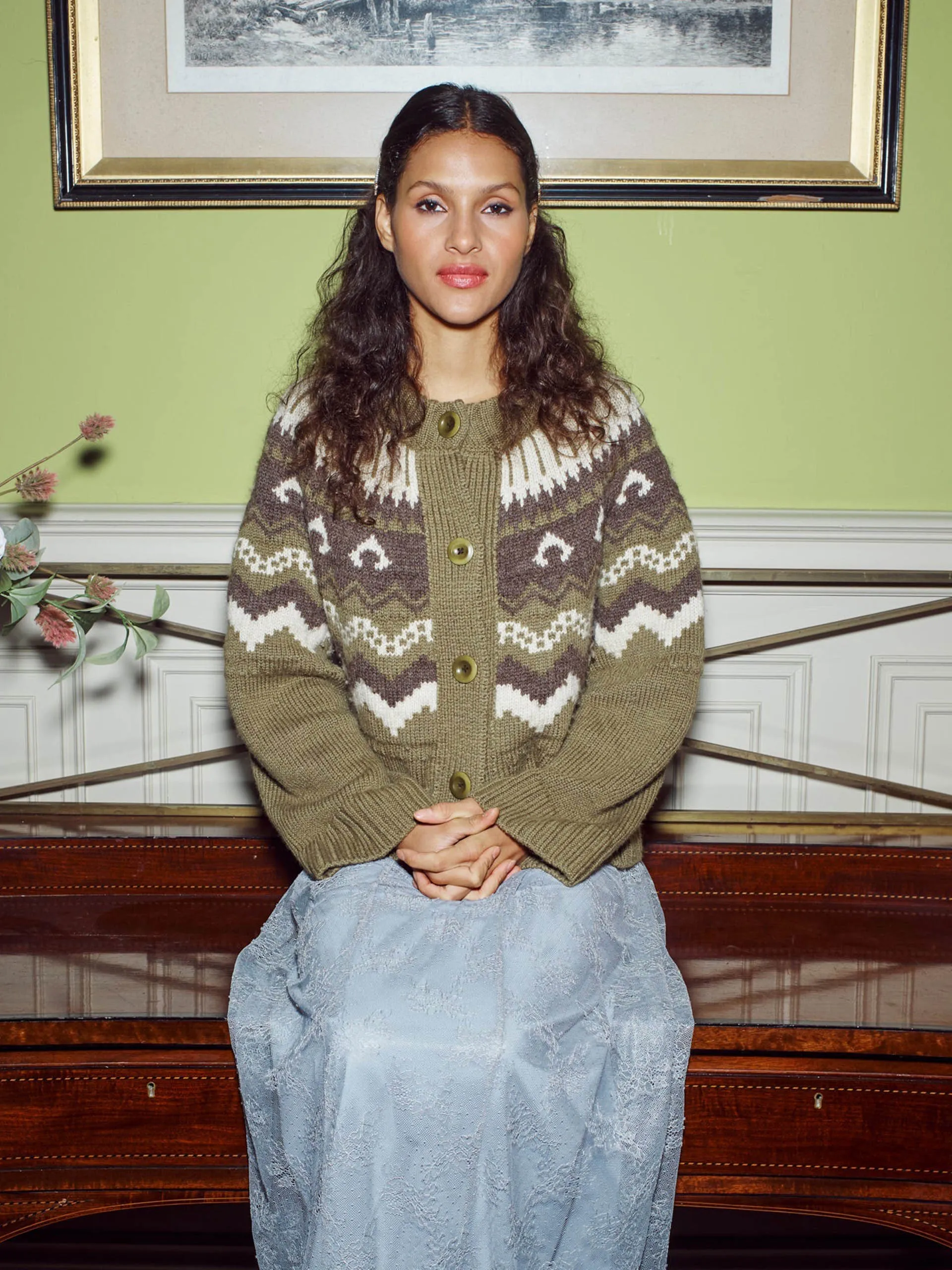 Moss with ecru and peat Fleetwood cardigan